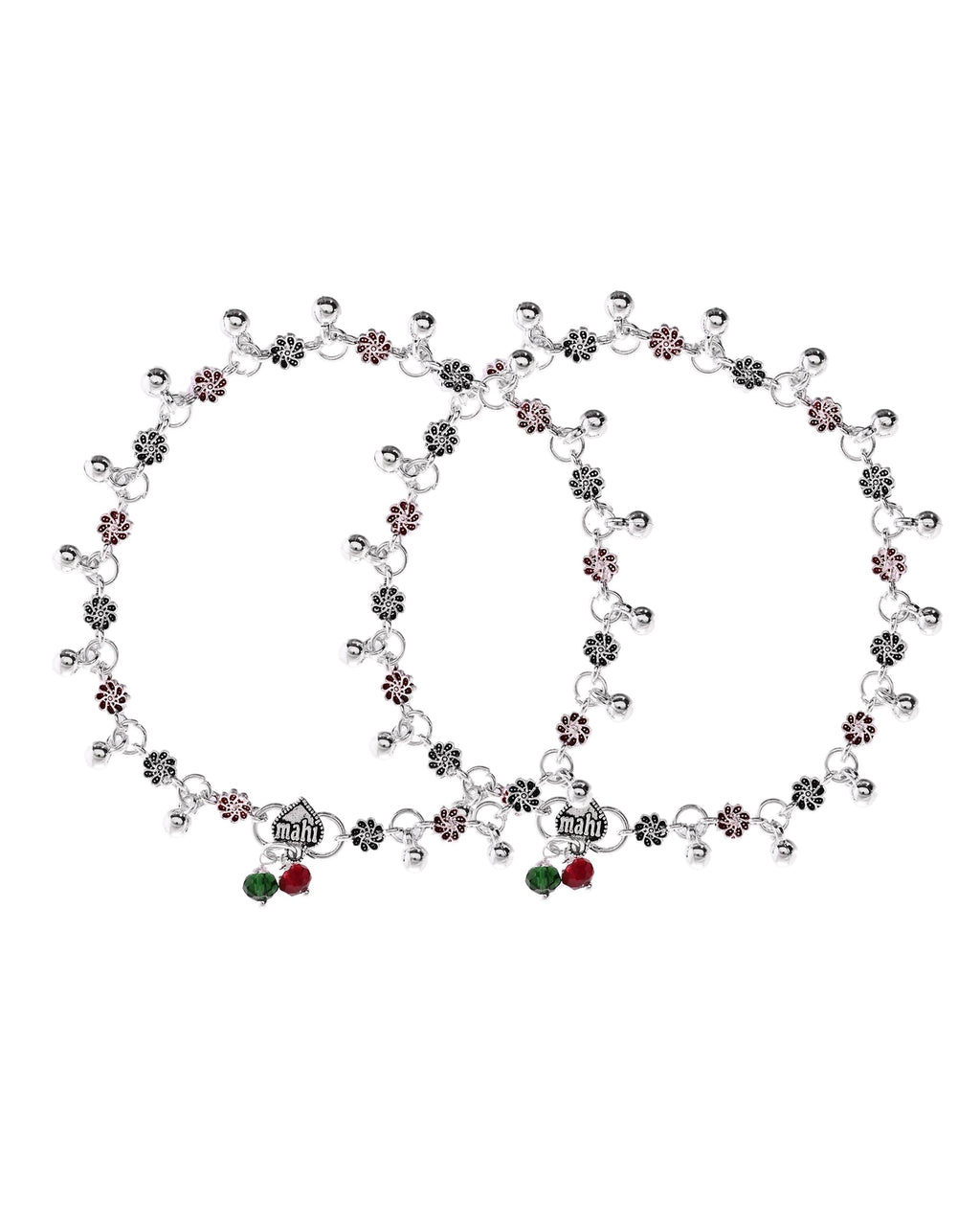VOJ Set of 2 Silver Plated Floral Designed Meenakari Anklet | Grocsy