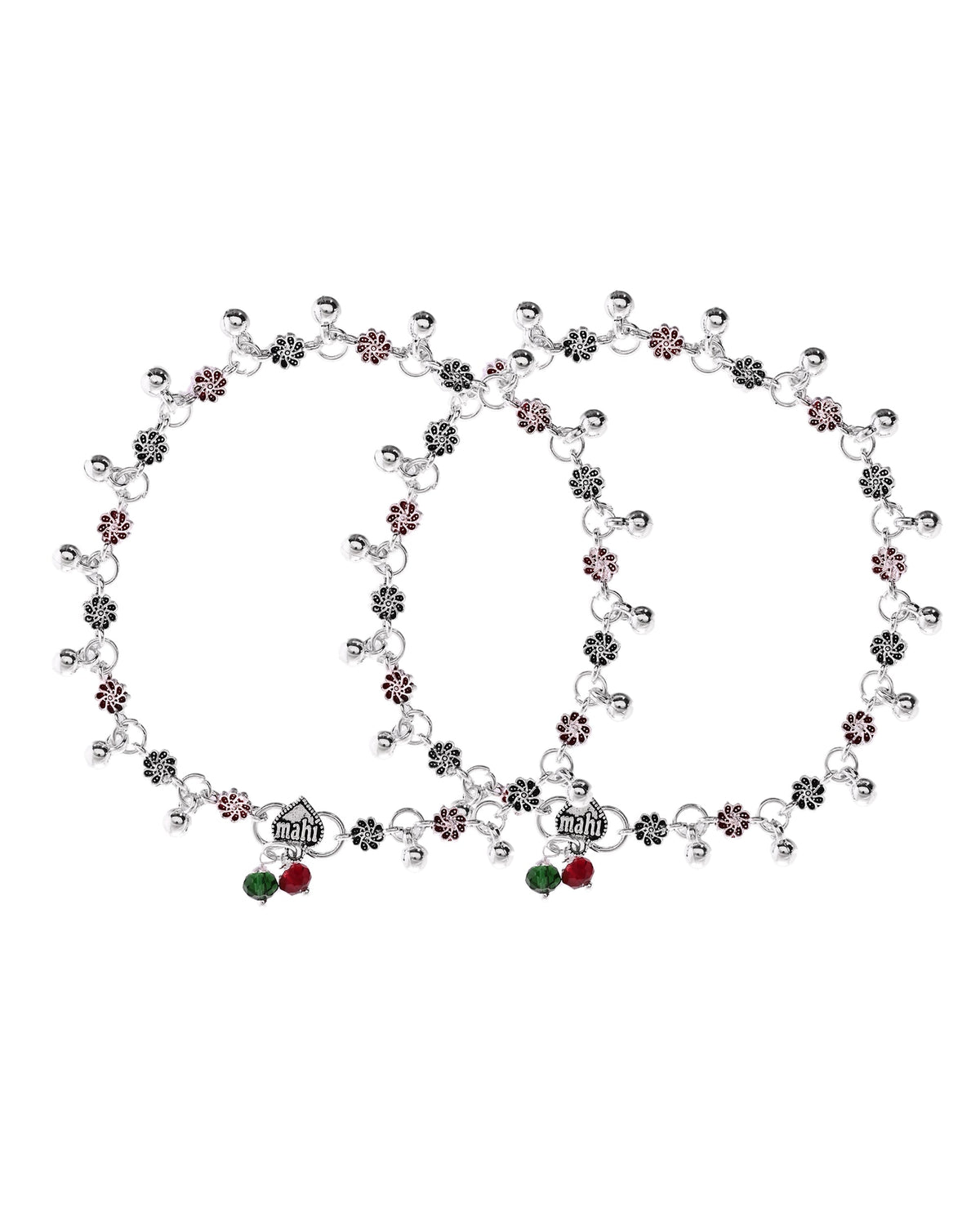 VOJ Set of 2 Silver Plated Floral Designed Meenakari Anklet | Grocsy