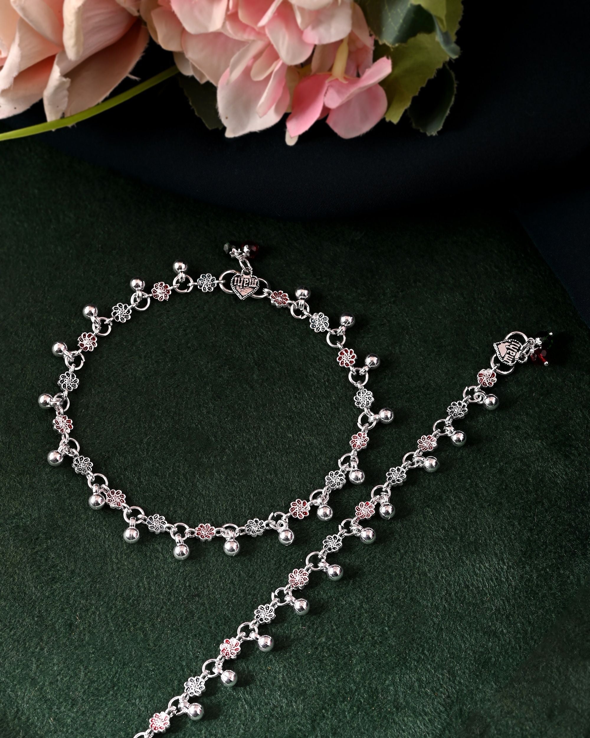 VOJ Set of 2 Silver Plated Floral Designed Meenakari Anklet | Grocsy