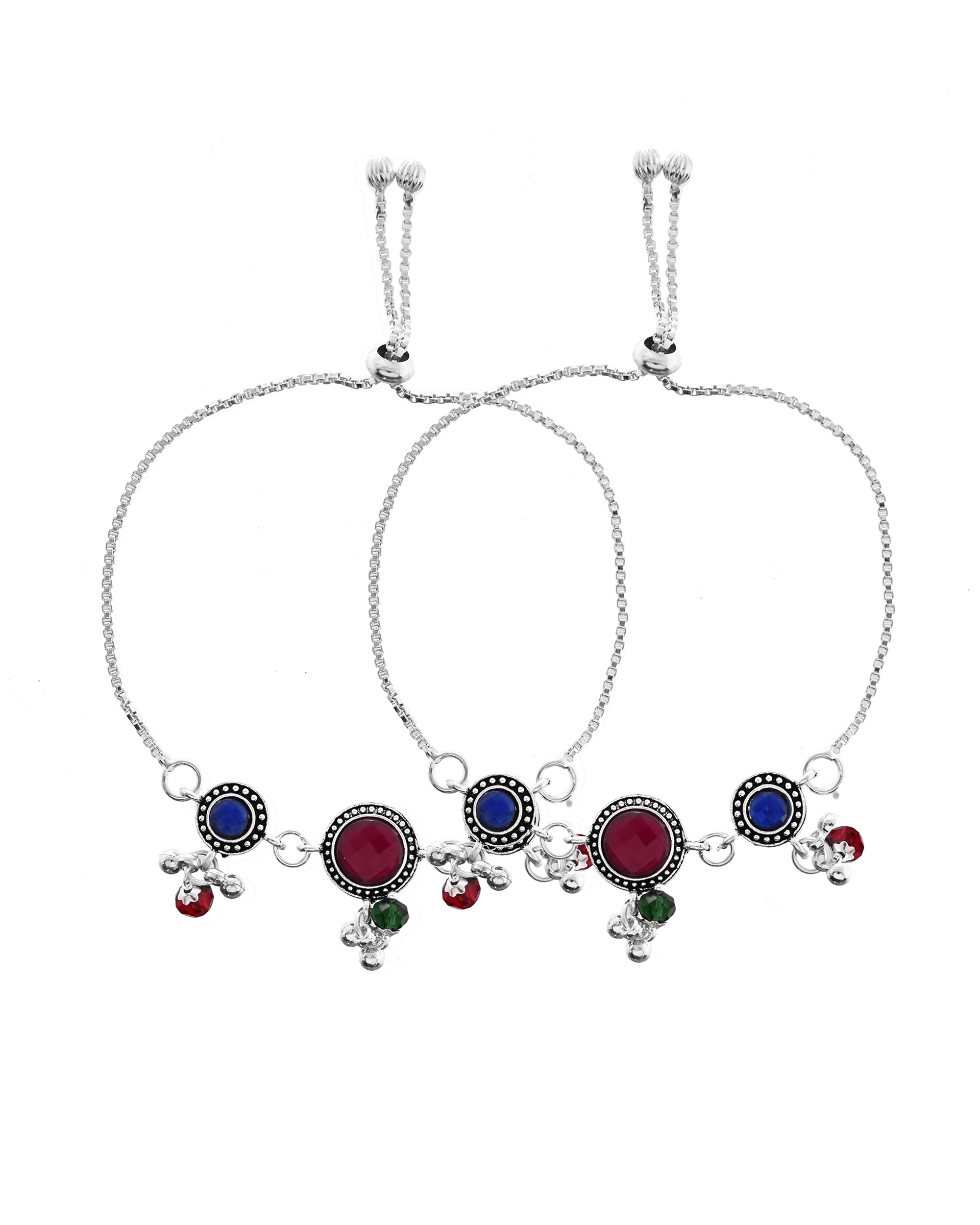 VOJ Set of 2 Silver Plated Circular Designed Stone Studded Anklet | Grocsy
