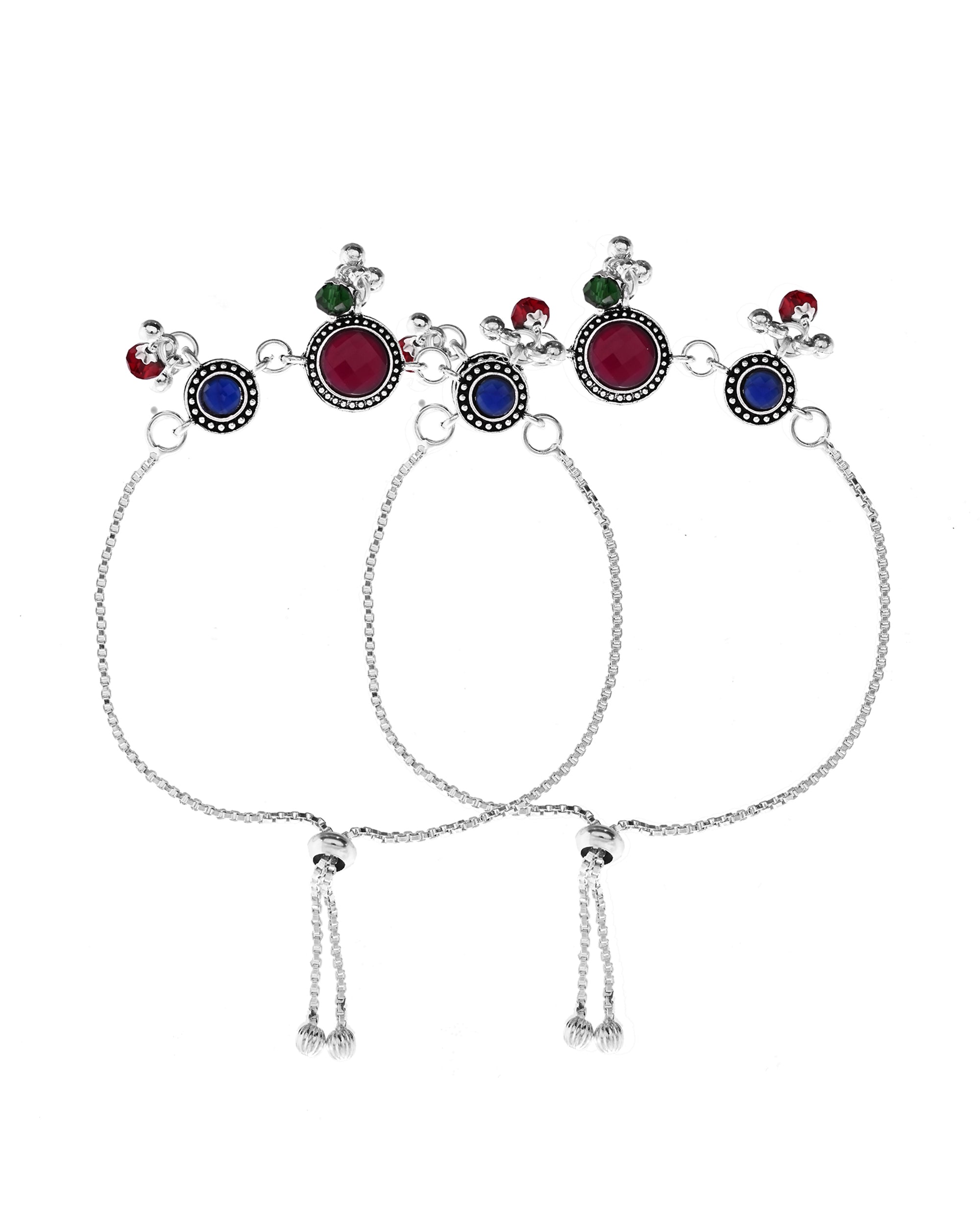 VOJ Set of 2 Silver Plated Circular Designed Stone Studded Anklet | Grocsy