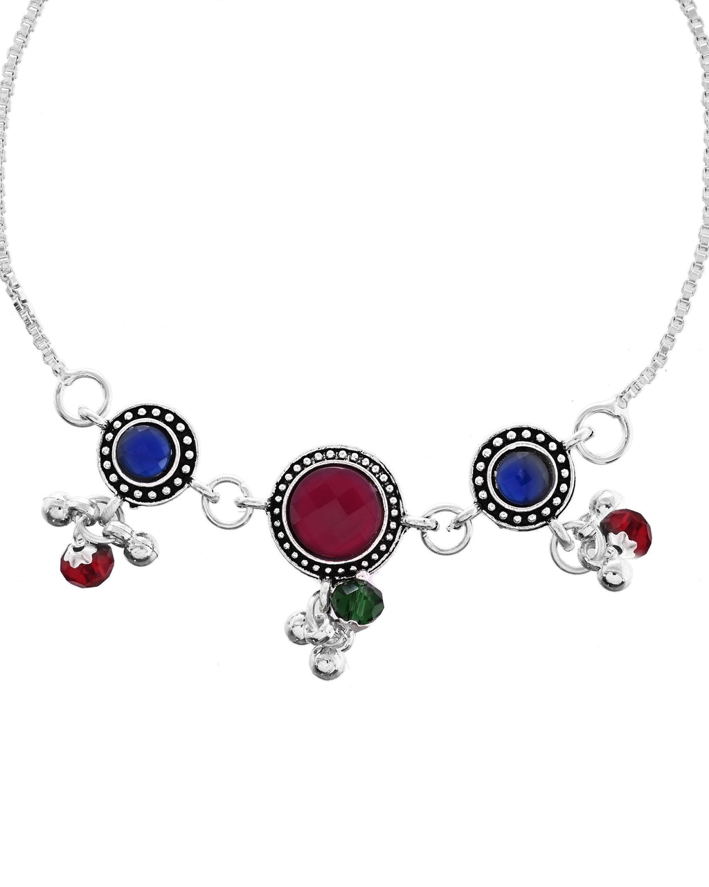 VOJ Set of 2 Silver Plated Circular Designed Stone Studded Anklet | Grocsy
