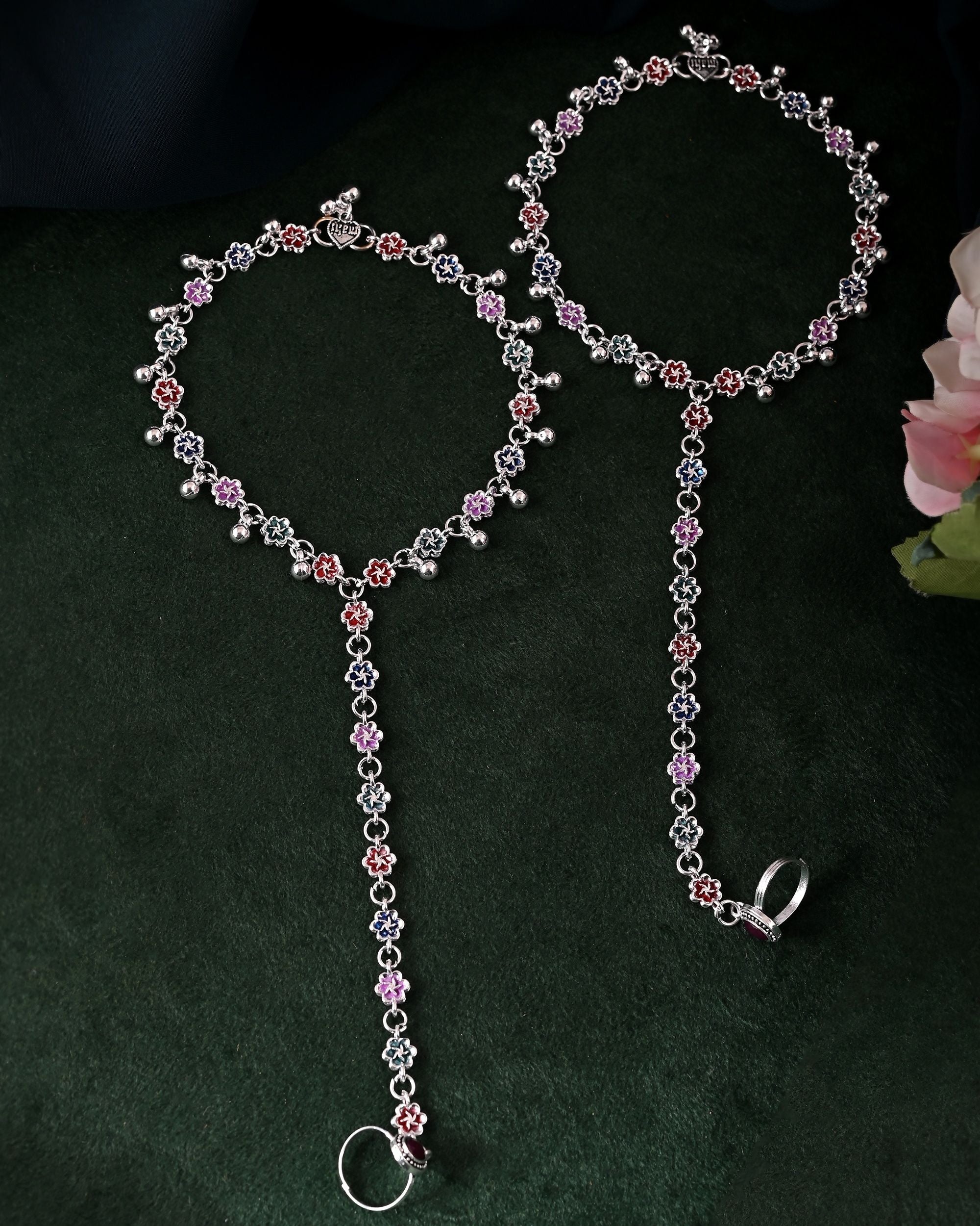 VOJ Set of 2 Floral Designer Meenakari Anklet with Toe Ring | Grocsy