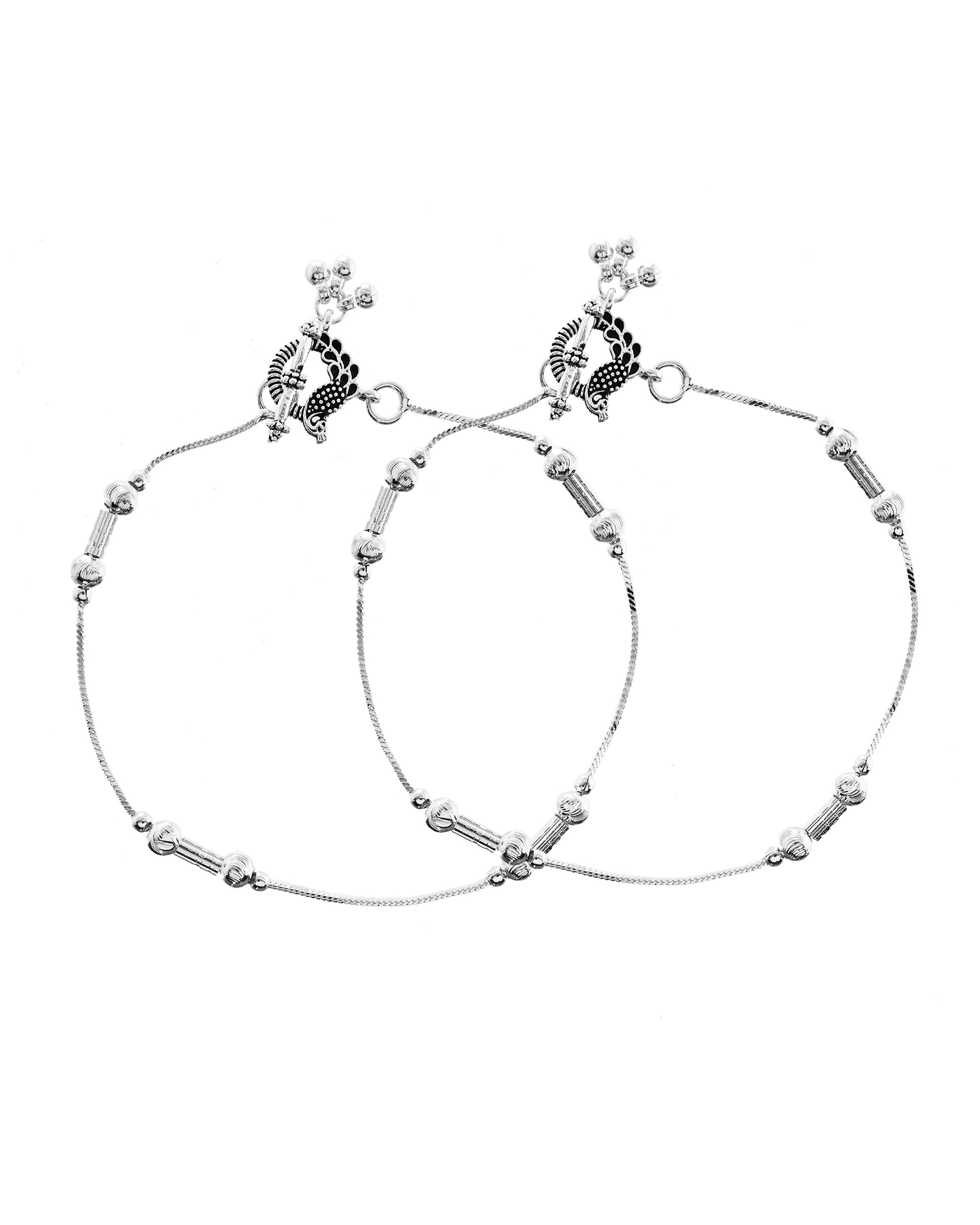 VOJ Set of 2 Silver Plated Pipe Shaped Designer Anklet | Grocsy