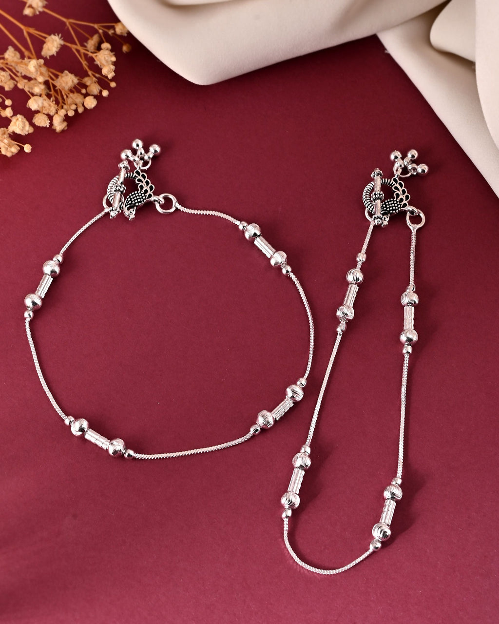 VOJ Set of 2 Silver Plated Pipe Shaped Designer Anklet | Grocsy