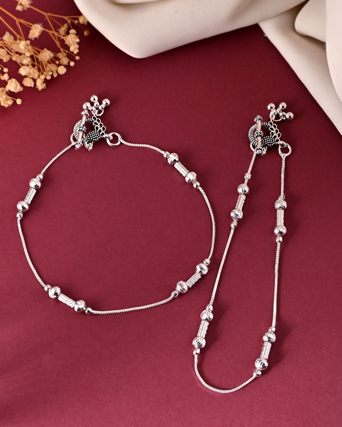 VOJ Set of 2 Silver Plated Pipe Shaped Designer Anklet | Grocsy