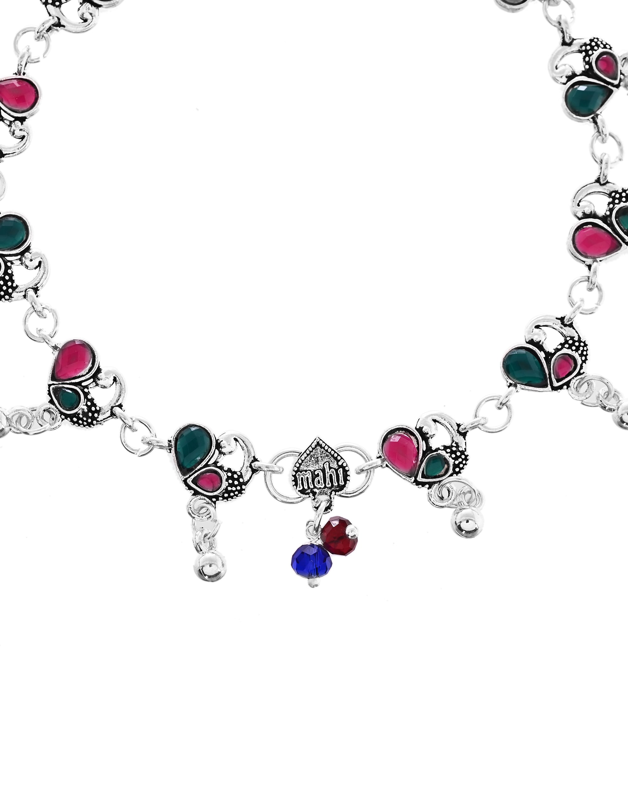 VOJ Set of 2 Silver Plated Peacock Shaped Stone Studded Anklet | Grocsy