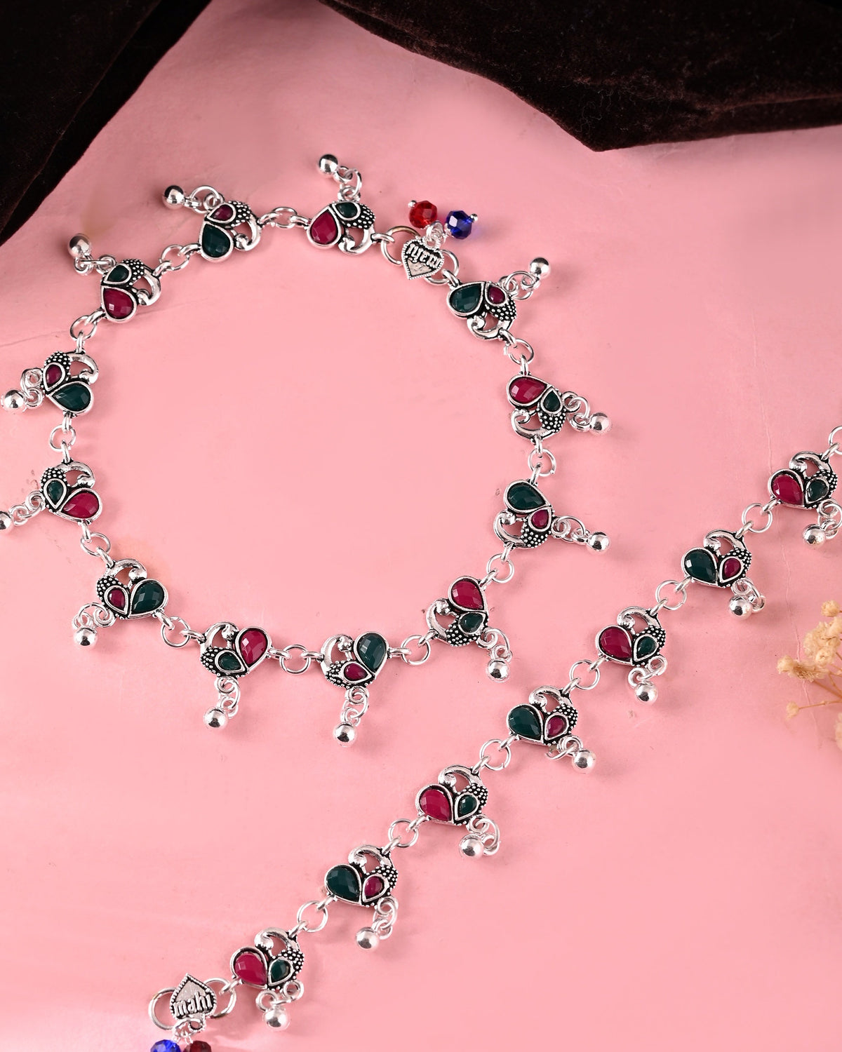 VOJ Set of 2 Silver Plated Peacock Shaped Stone Studded Anklet | Grocsy