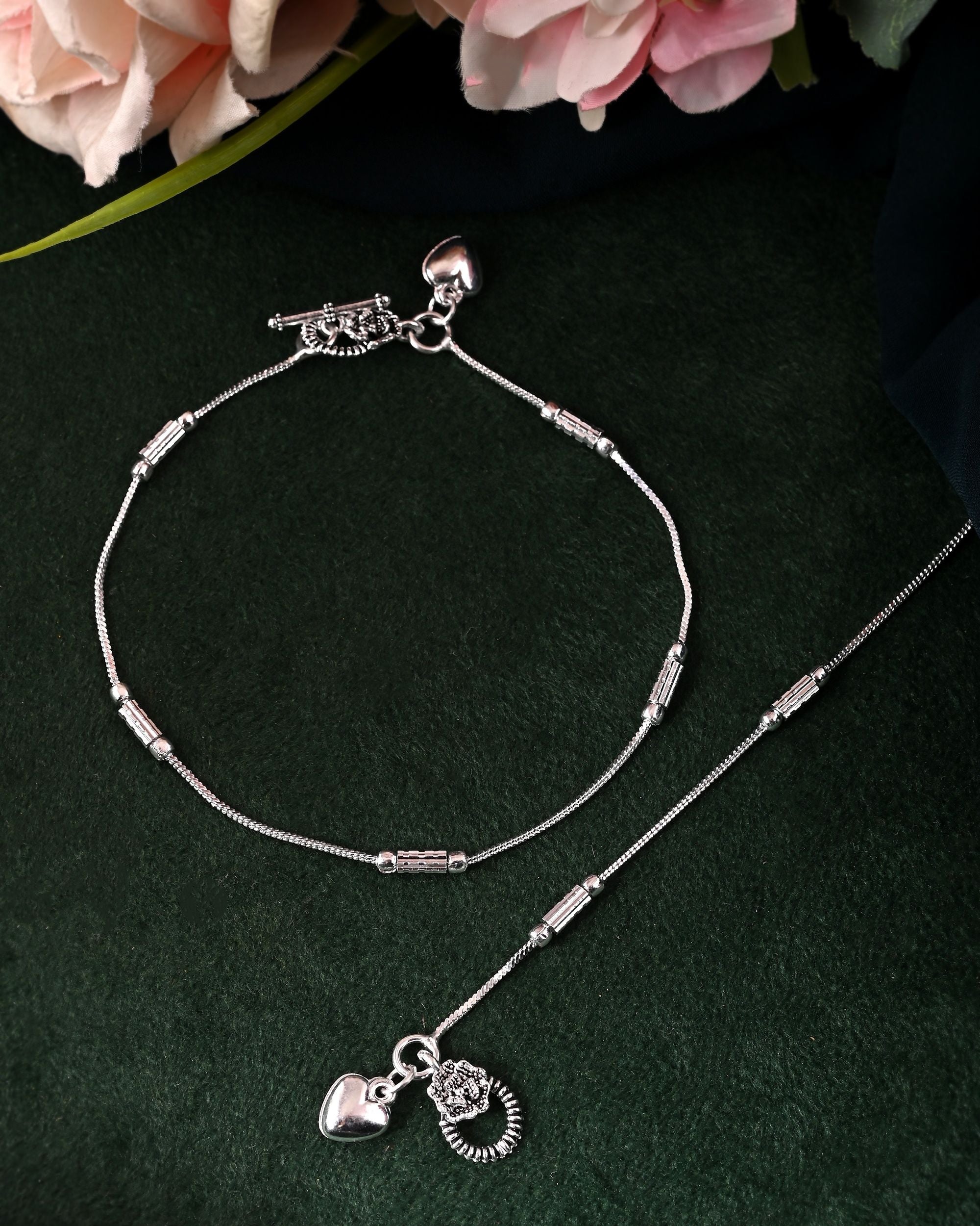 VOJ Set of 2 Silver Plated Pipe Shaped Handcrafted Anklet | Grocsy