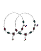 VOJ Set of 2 Silver Plated Floral Shaped Stone Studded Anklet | Grocsy