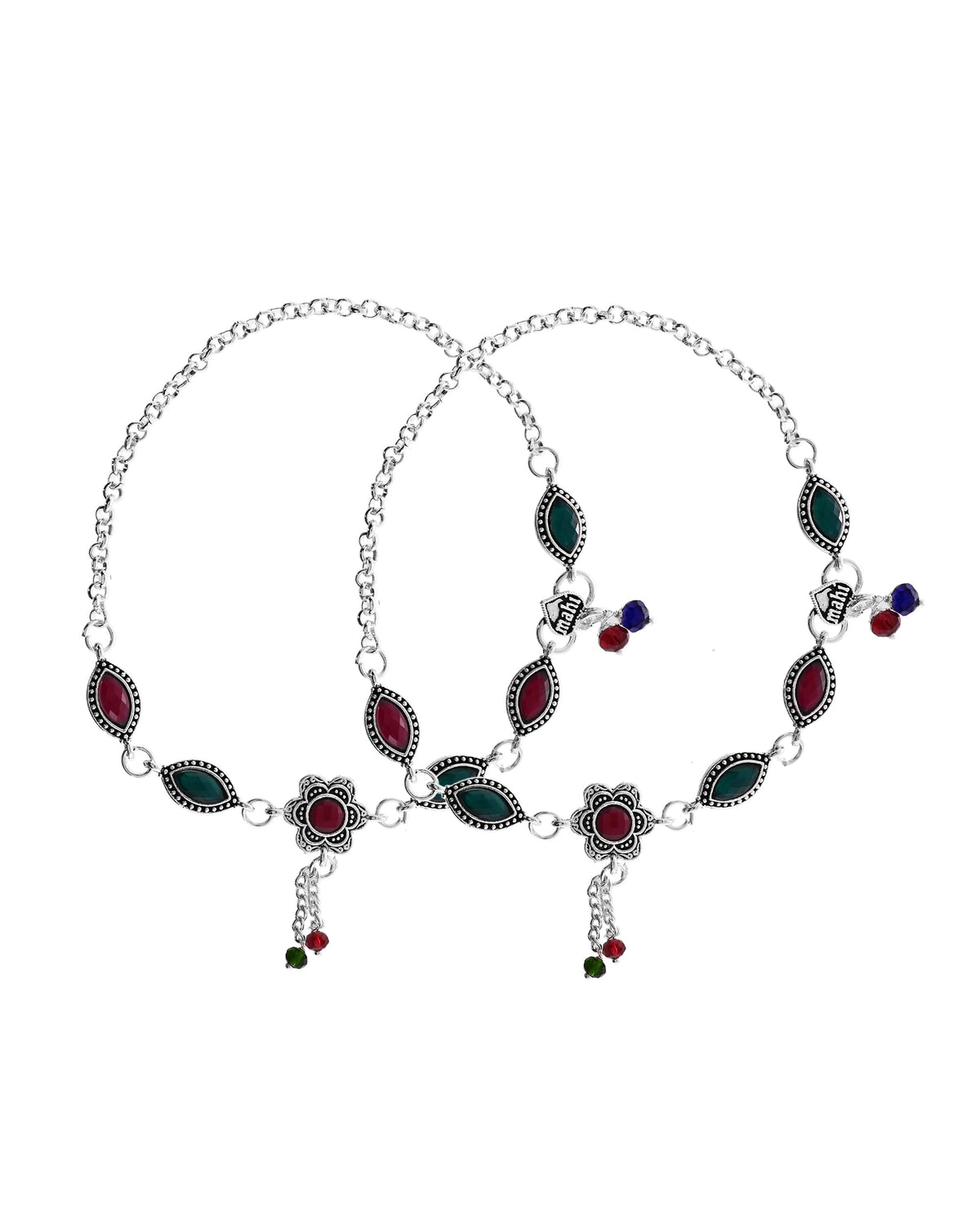 VOJ Set of 2 Silver Plated Floral Shaped Stone Studded Anklet | Grocsy