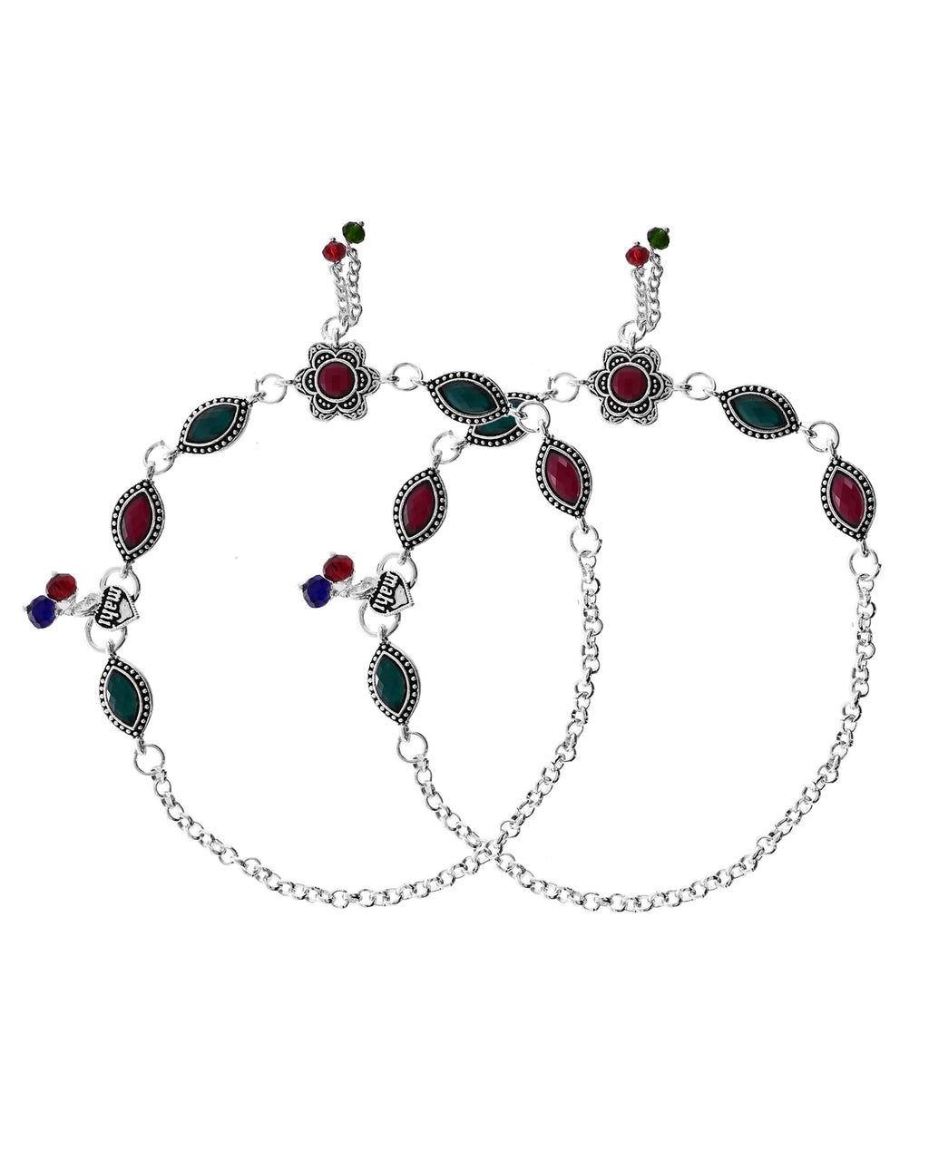 VOJ Set of 2 Silver Plated Floral Shaped Stone Studded Anklet | Grocsy