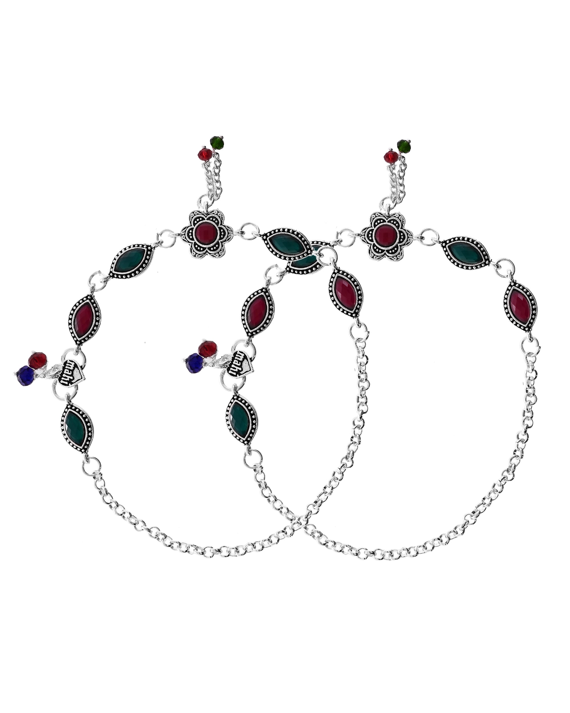 VOJ Set of 2 Silver Plated Floral Shaped Stone Studded Anklet | Grocsy
