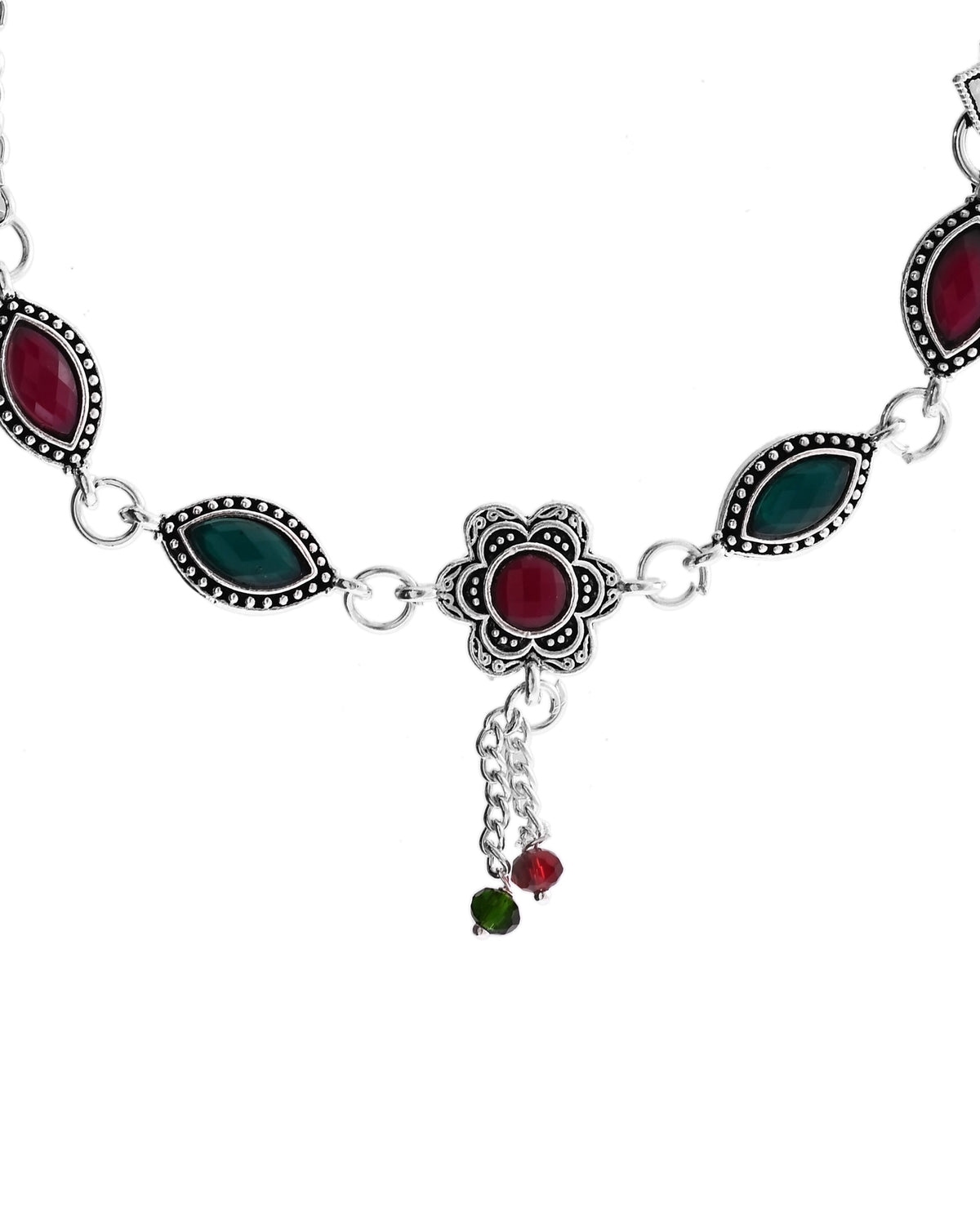 VOJ Set of 2 Silver Plated Floral Shaped Stone Studded Anklet | Grocsy