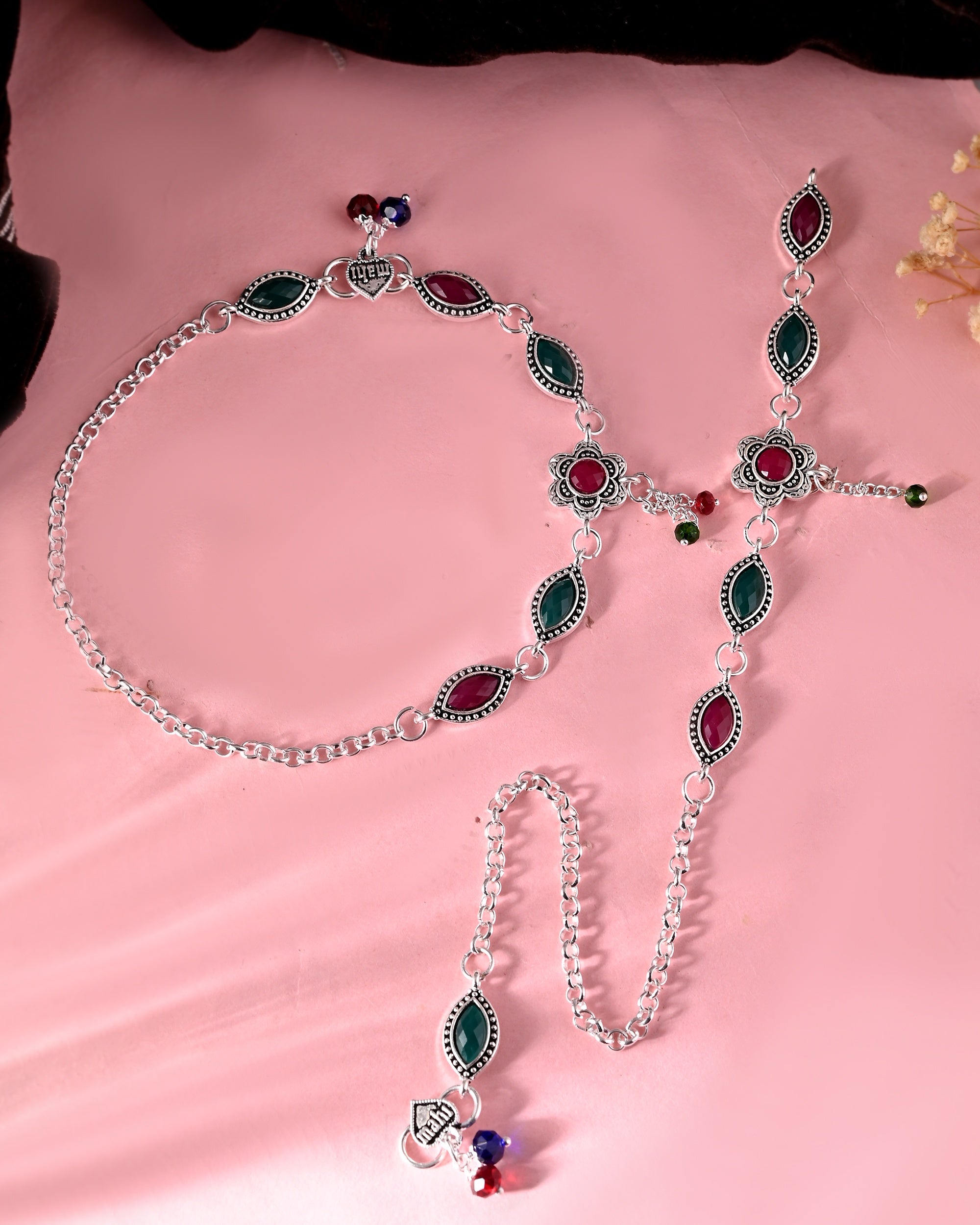 VOJ Set of 2 Silver Plated Floral Shaped Stone Studded Anklet | Grocsy