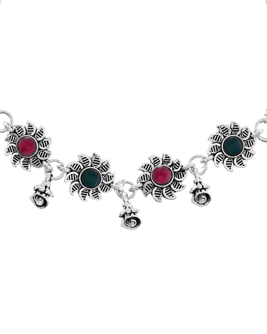VOJ Set of 2 Silver Plated Floral Designed Stone Studded Anklet | Grocsy