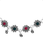 VOJ Set of 2 Silver Plated Floral Designed Stone Studded Anklet | Grocsy