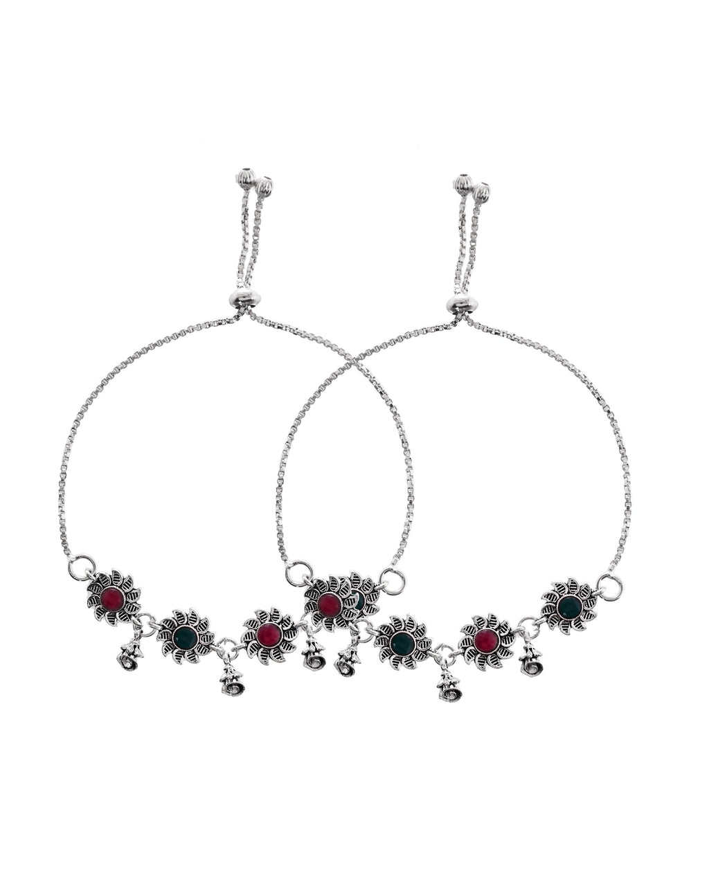 VOJ Set of 2 Silver Plated Floral Designed Stone Studded Anklet | Grocsy