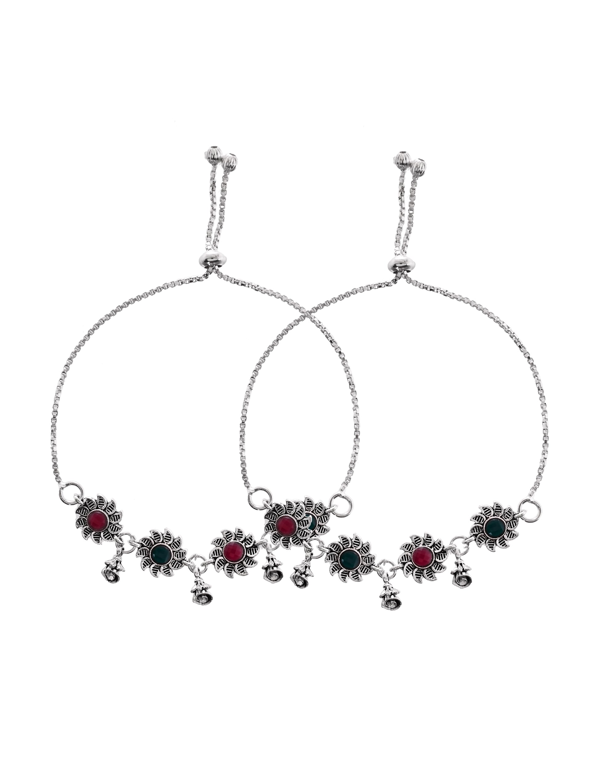 VOJ Set of 2 Silver Plated Floral Designed Stone Studded Anklet | Grocsy
