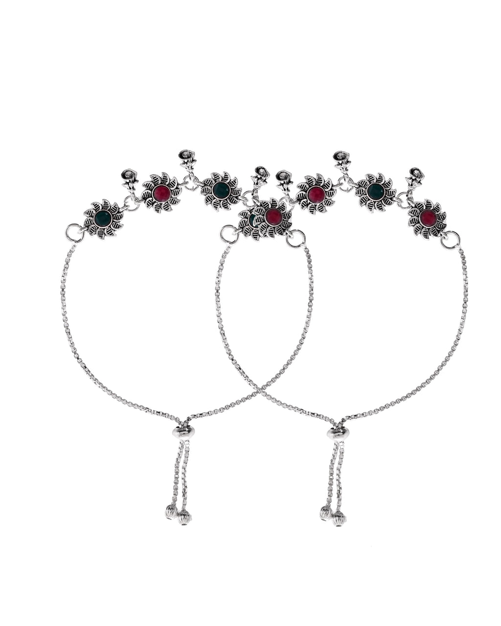 VOJ Set of 2 Silver Plated Floral Designed Stone Studded Anklet | Grocsy
