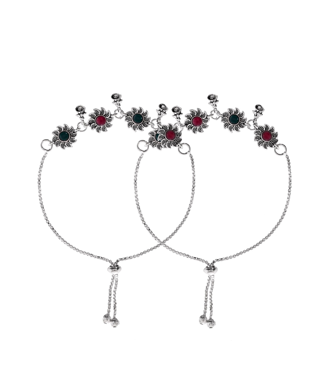 VOJ Set of 2 Silver Plated Floral Designed Stone Studded Anklet | Grocsy