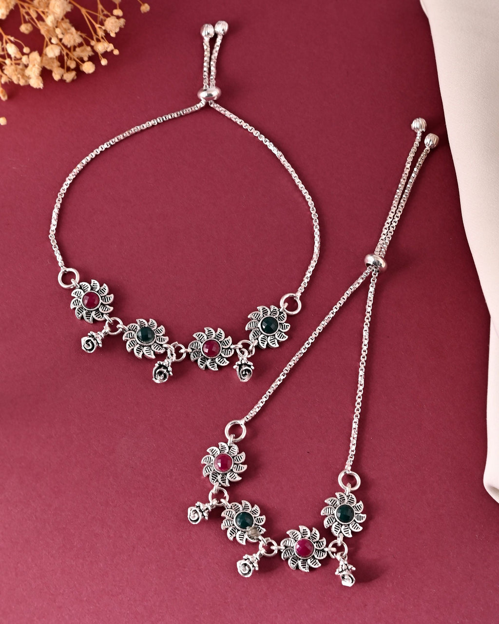 VOJ Set of 2 Silver Plated Floral Designed Stone Studded Anklet | Grocsy