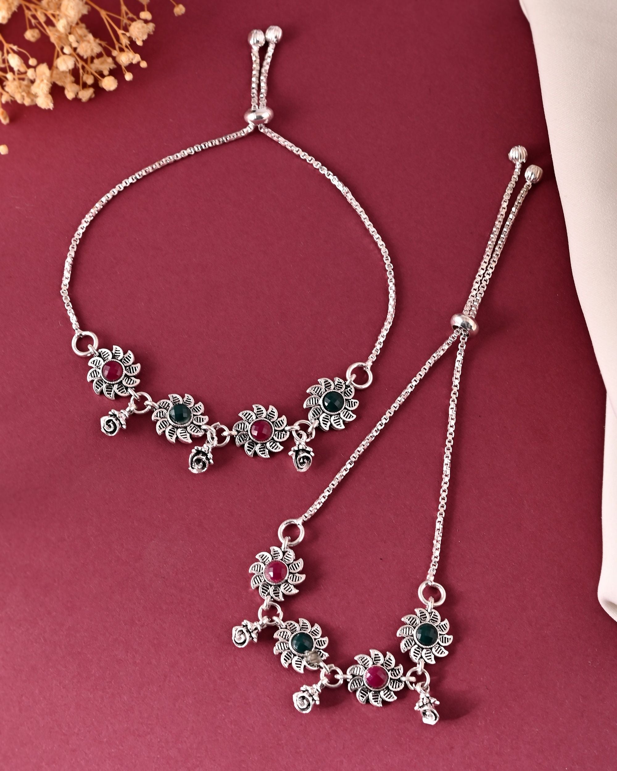 VOJ Set of 2 Silver Plated Floral Designed Stone Studded Anklet | Grocsy
