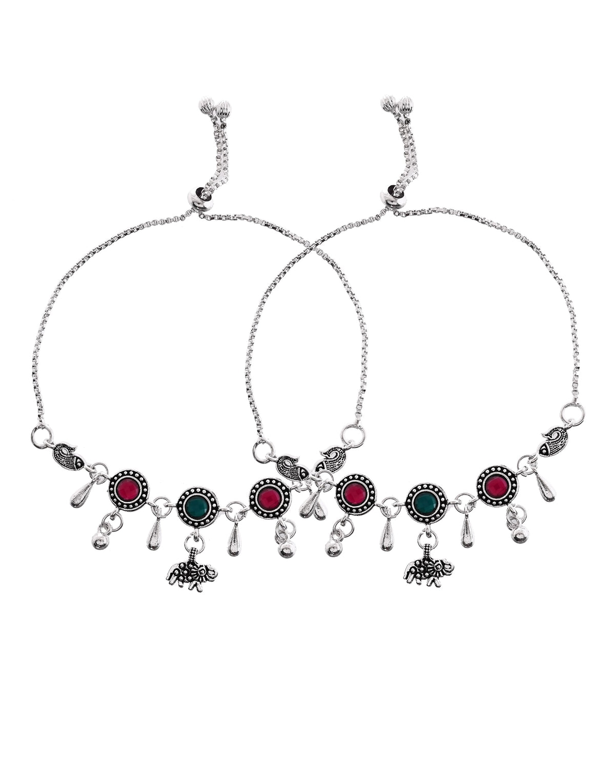 VOJ Set of 2 Silver Plated Stone Studded Designer Anklet | Grocsy
