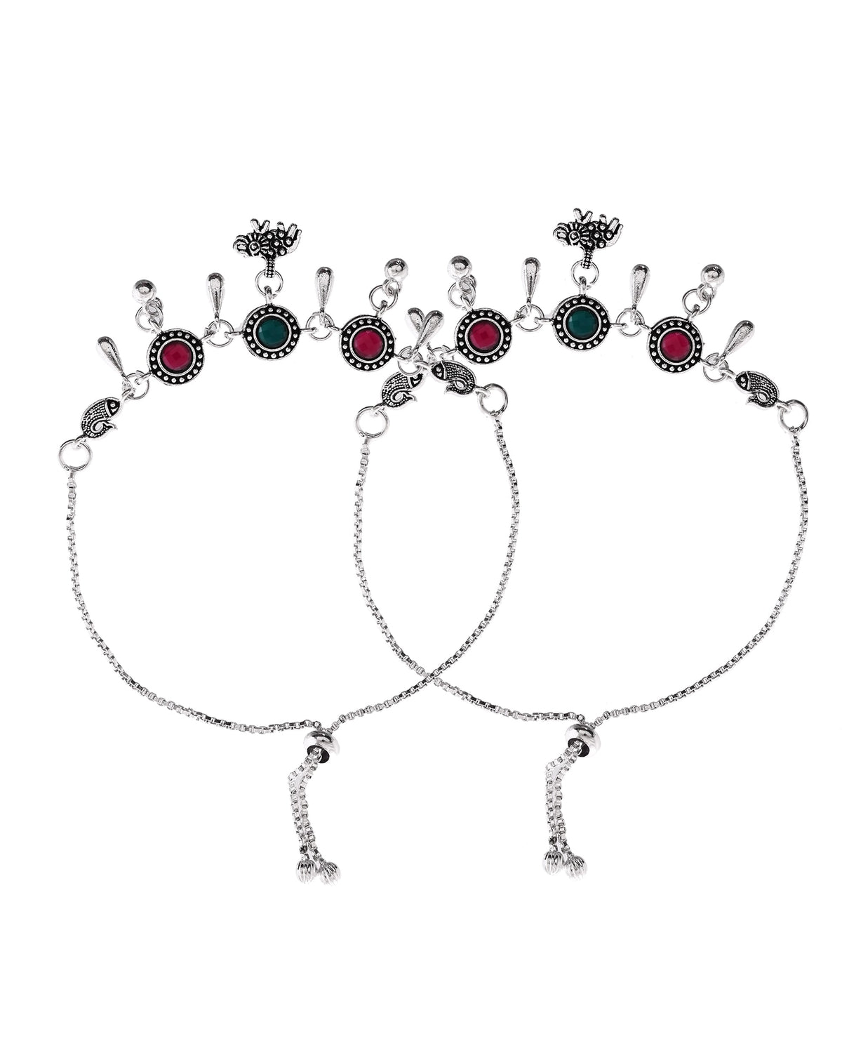 VOJ Set of 2 Silver Plated Stone Studded Designer Anklet | Grocsy