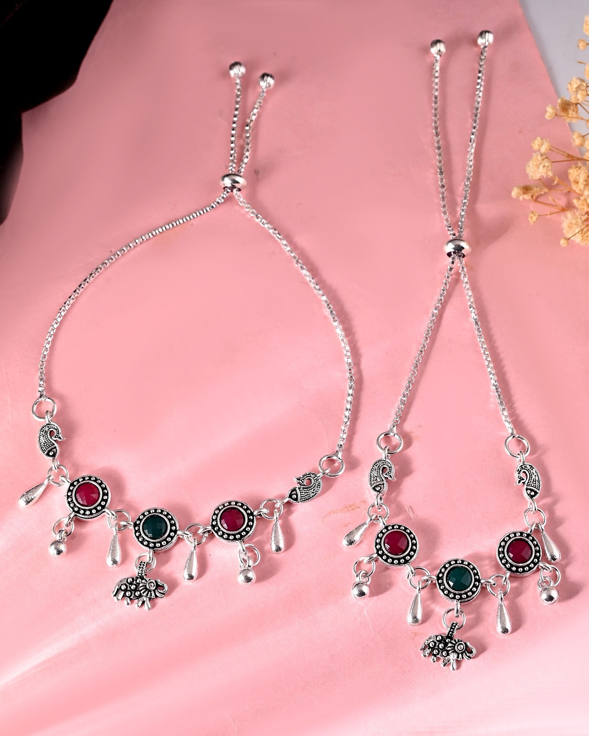VOJ Set of 2 Silver Plated Stone Studded Designer Anklet | Grocsy