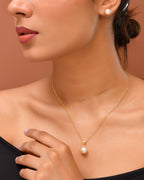VOJ Gold Polished Stainless Steel White Pearl Studded Chain Set | Grocsy