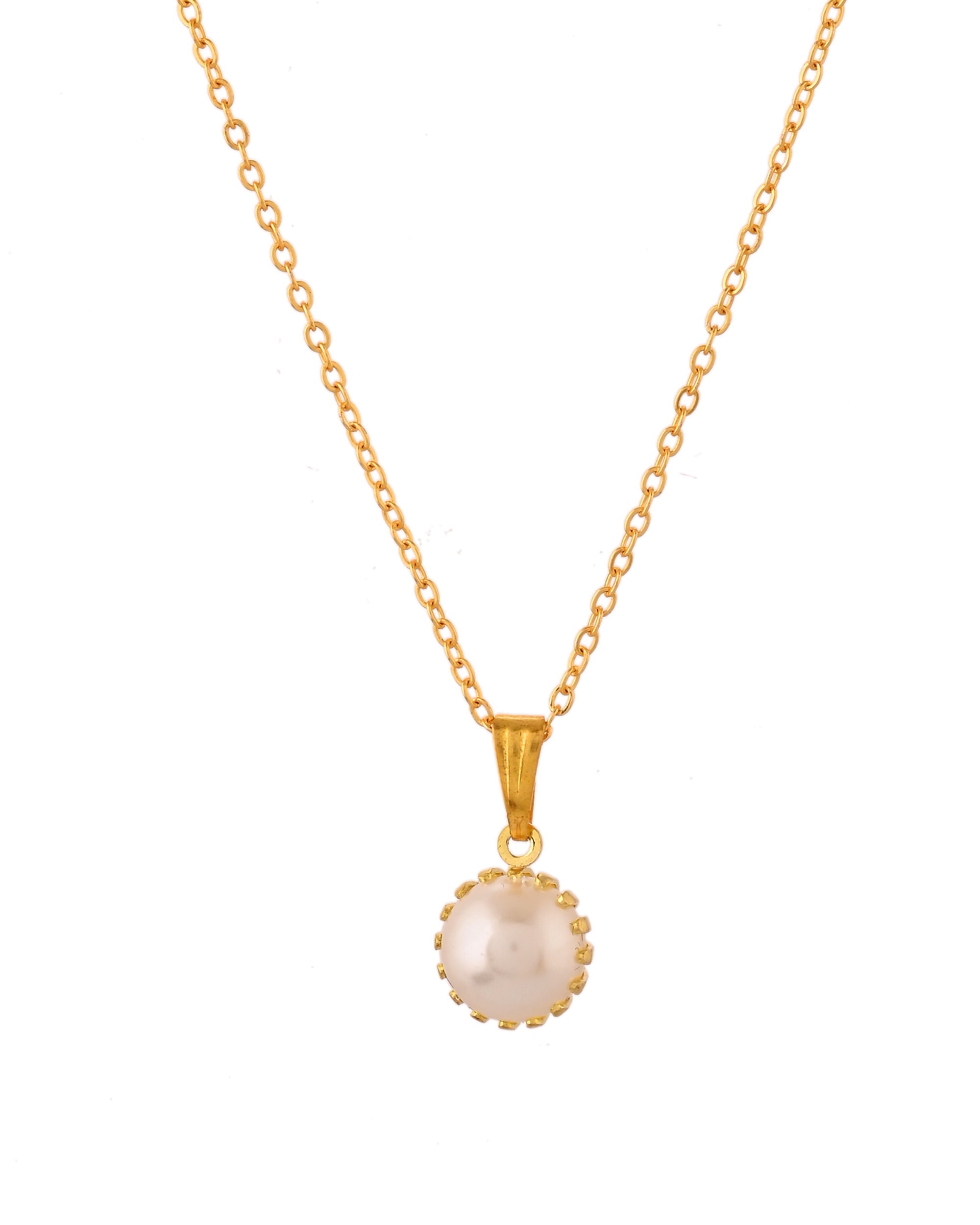 VOJ Gold Polished Stainless Steel White Pearl Studded Chain Set | Grocsy