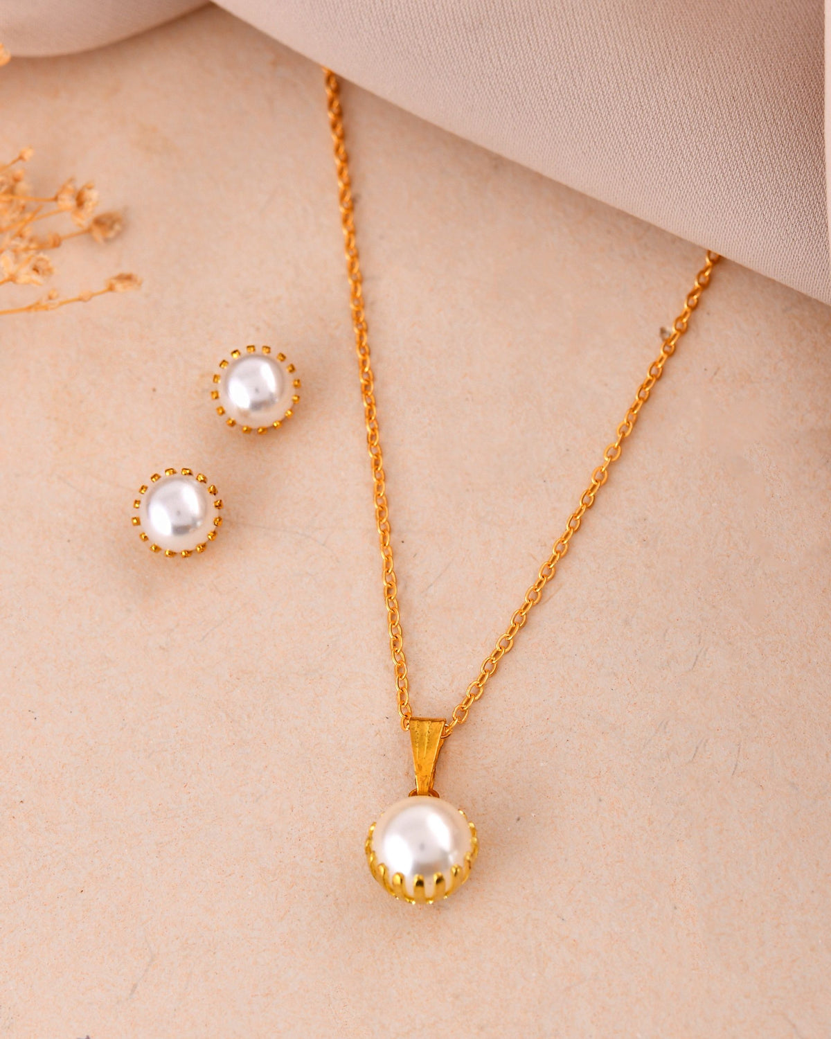 VOJ Gold Polished Stainless Steel White Pearl Studded Chain Set | Grocsy