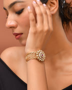 VOJ Stainless Steel Gold Polished Kundan Studded Wraparound Circular Bracelet | Grocsy