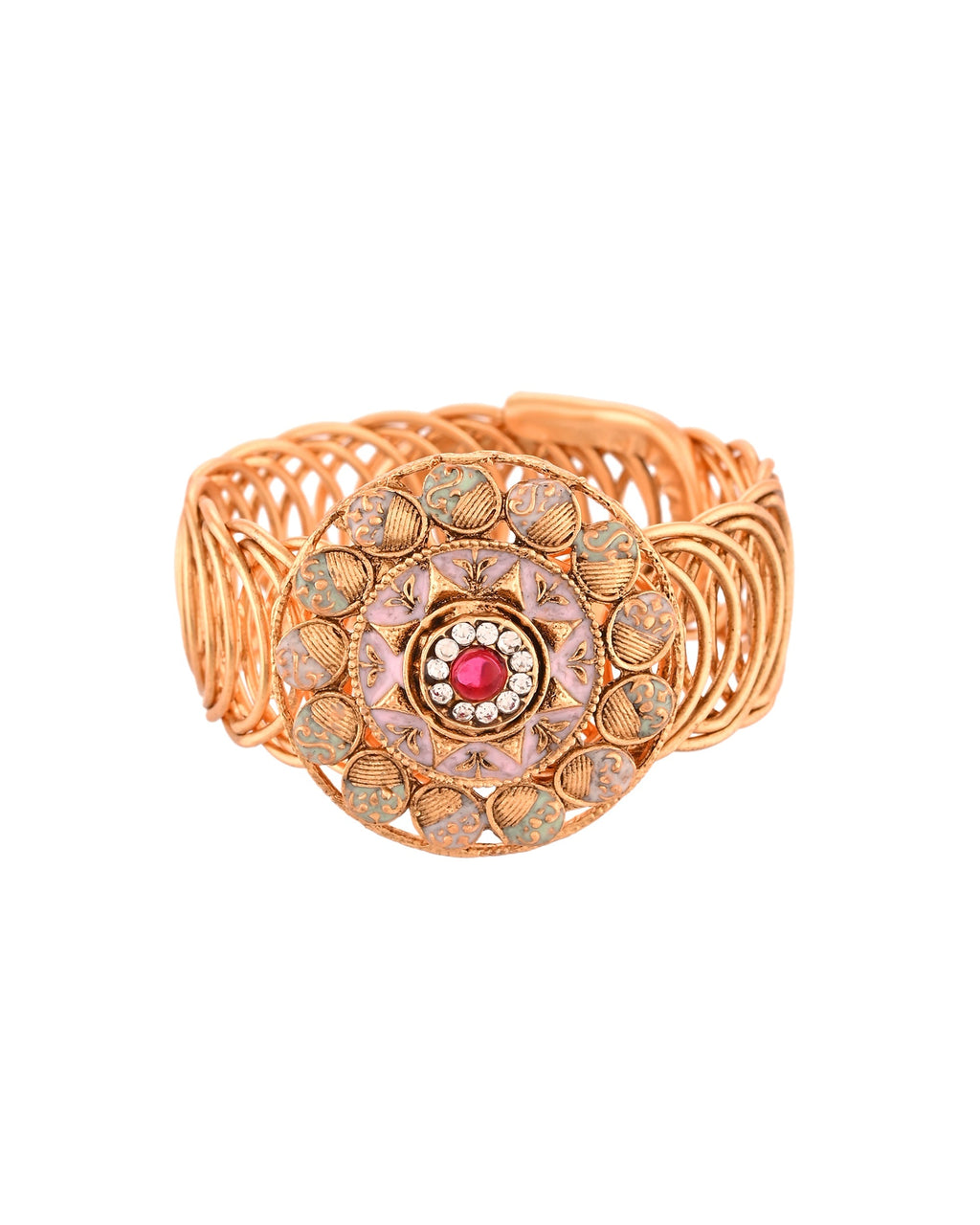 VOJ Stainless Steel Gold Polished Kundan Studded Wraparound Circular Bracelet | Grocsy