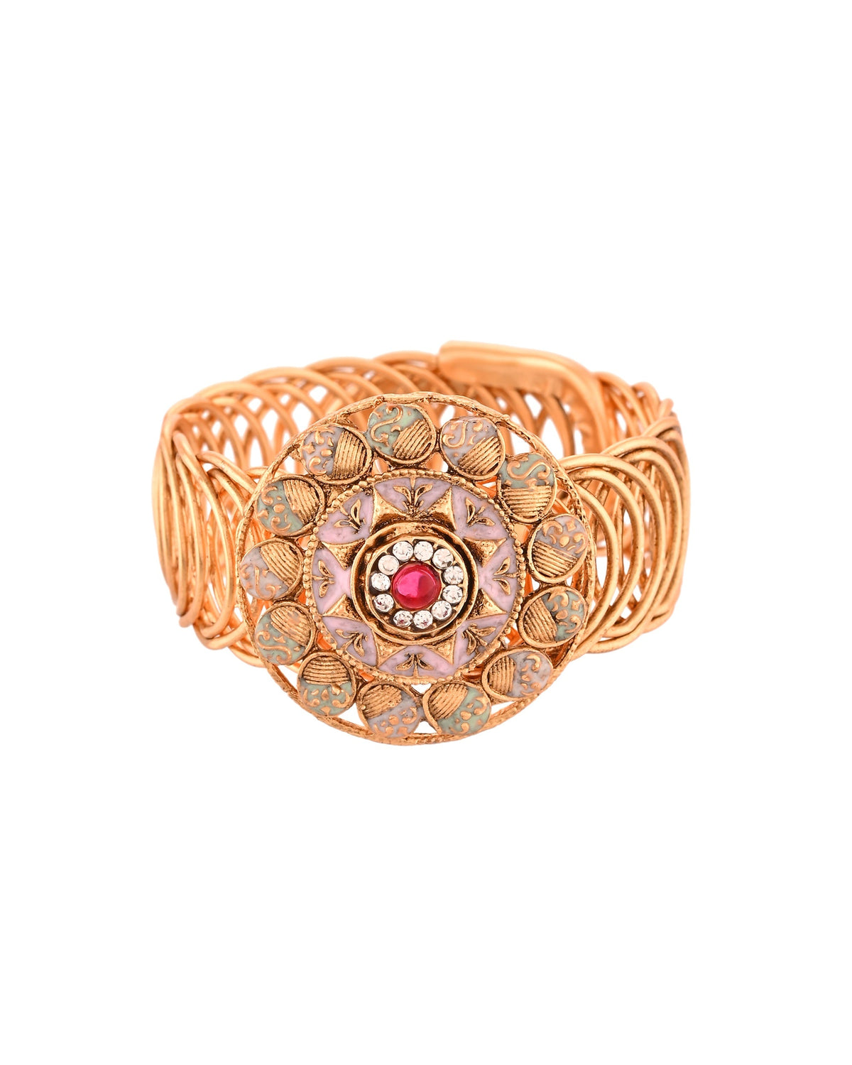 VOJ Stainless Steel Gold Polished Kundan Studded Wraparound Circular Bracelet | Grocsy