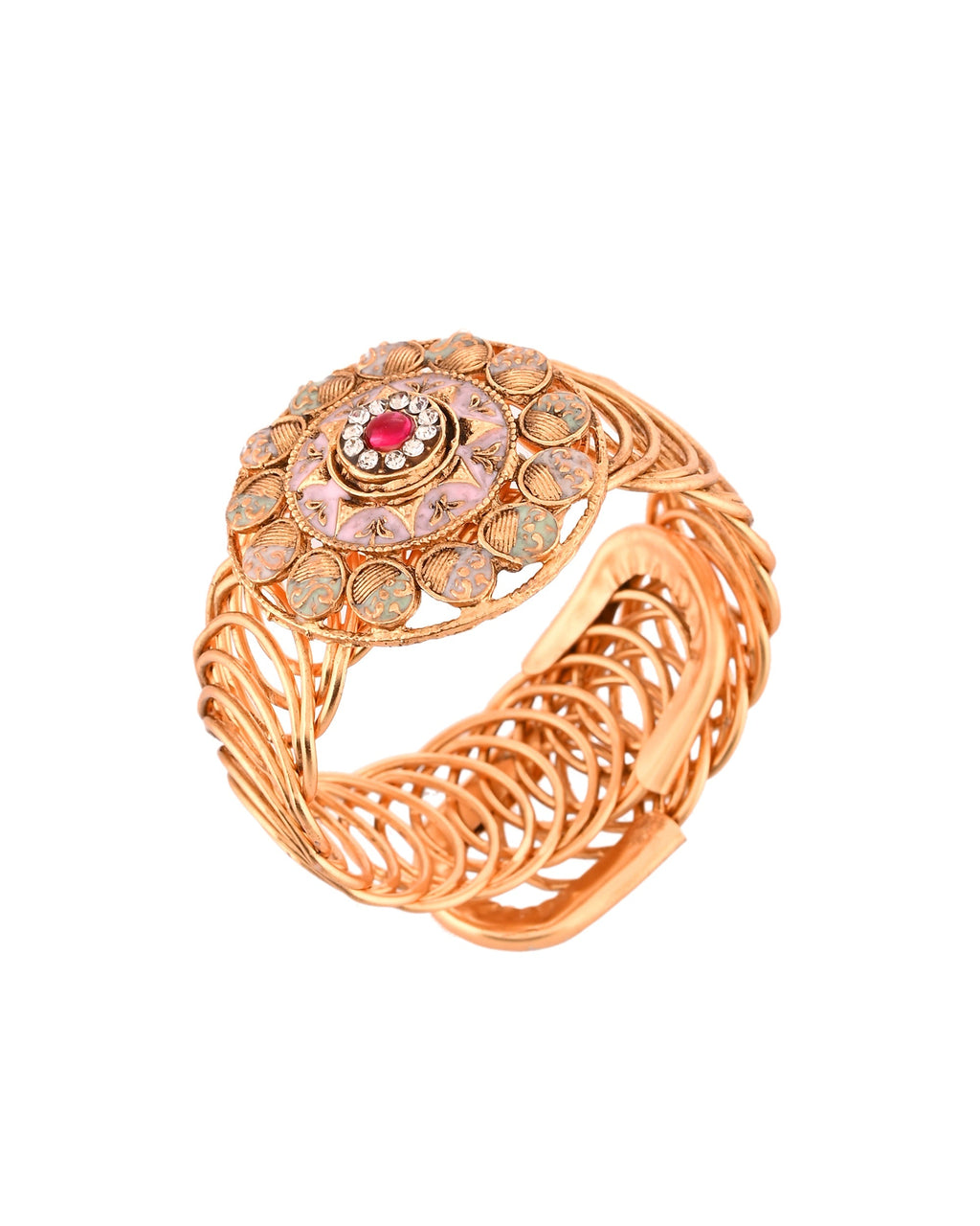 VOJ Stainless Steel Gold Polished Kundan Studded Wraparound Circular Bracelet | Grocsy