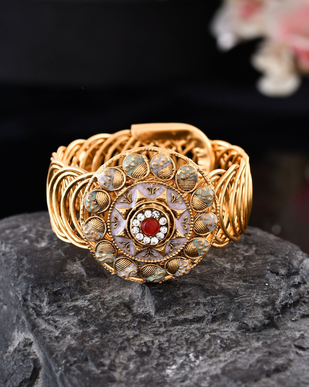 VOJ Stainless Steel Gold Polished Kundan Studded Wraparound Circular Bracelet | Grocsy