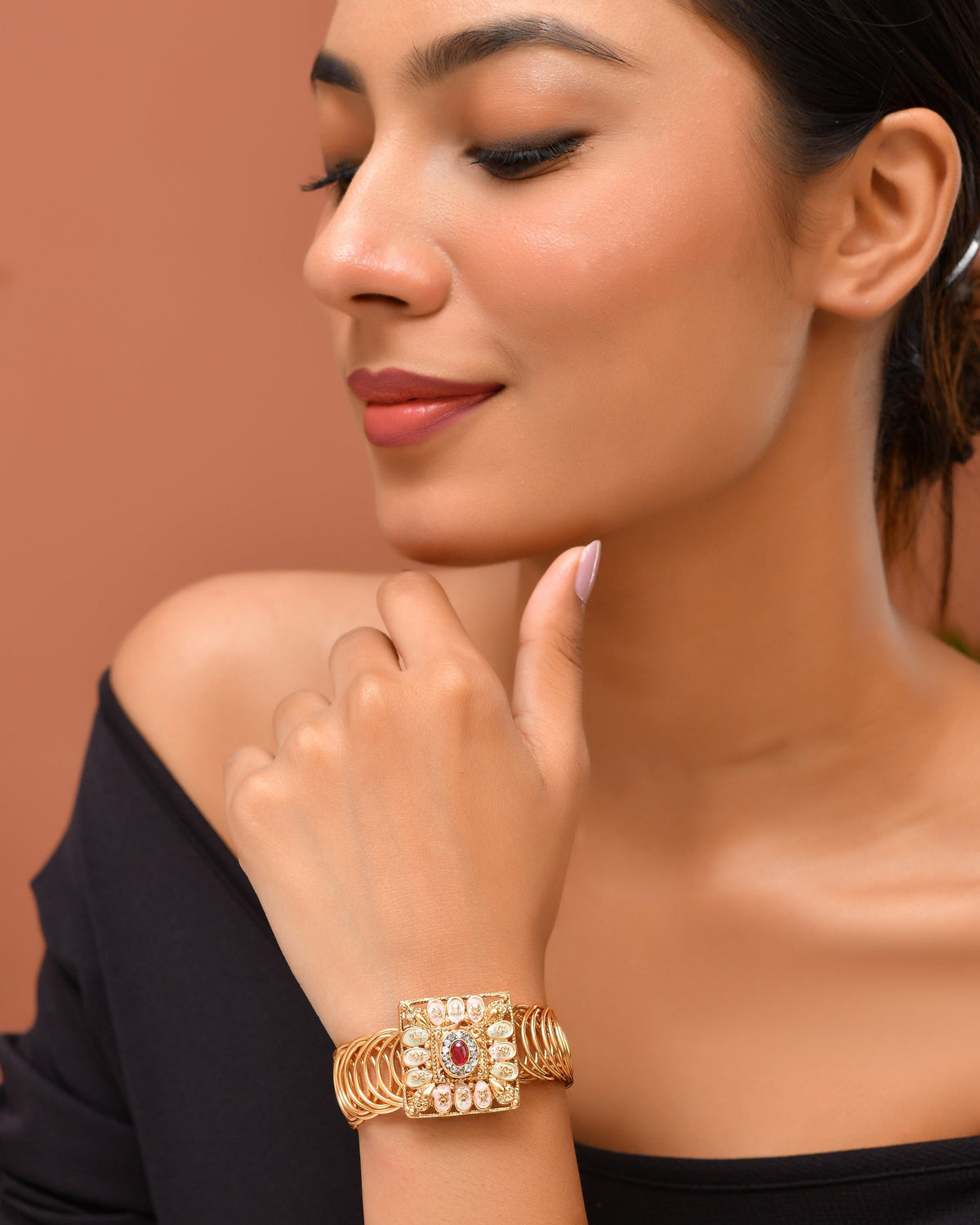 VOJ Stainless Steel Gold Polished Kundan Studded Wraparound Square Bracelet | Grocsy