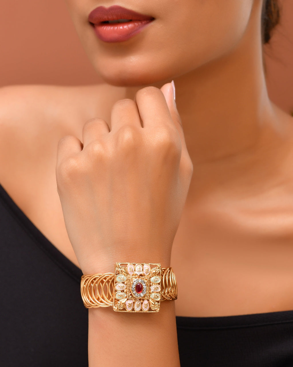 VOJ Stainless Steel Gold Polished Kundan Studded Wraparound Square Bracelet | Grocsy