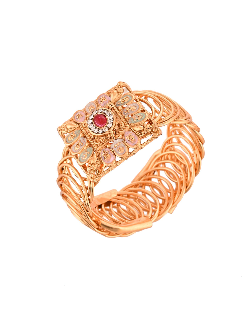 VOJ Stainless Steel Gold Polished Kundan Studded Wraparound Square Bracelet | Grocsy