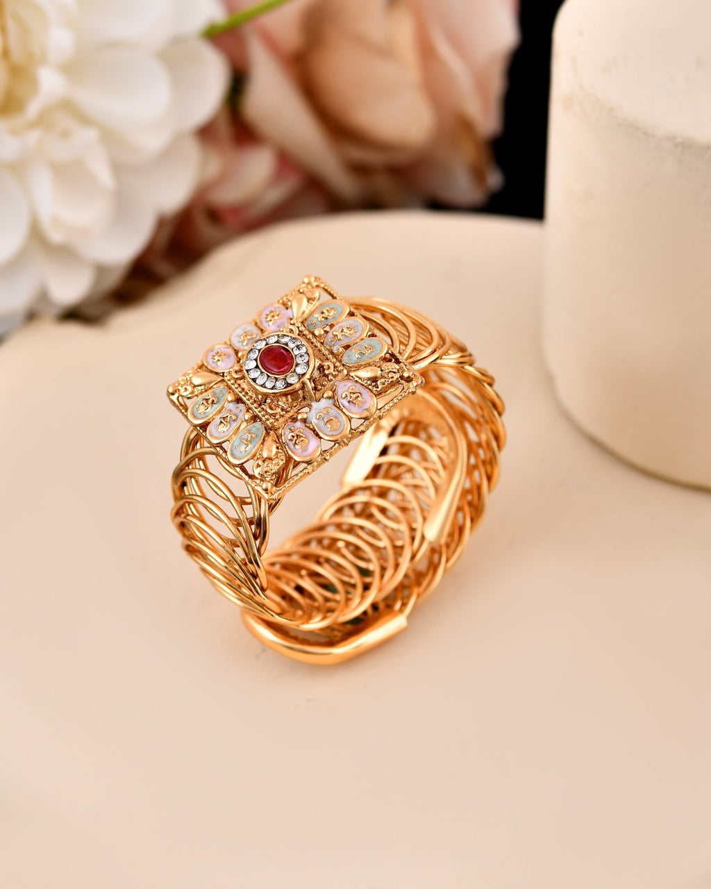 VOJ Stainless Steel Gold Polished Kundan Studded Wraparound Square Bracelet | Grocsy