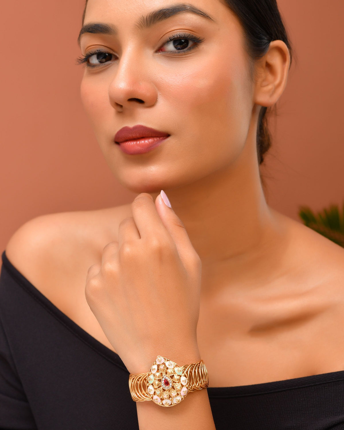 VOJ Stainless Steel Gold Polished Kundan Studded Wraparound Bracelet | Grocsy