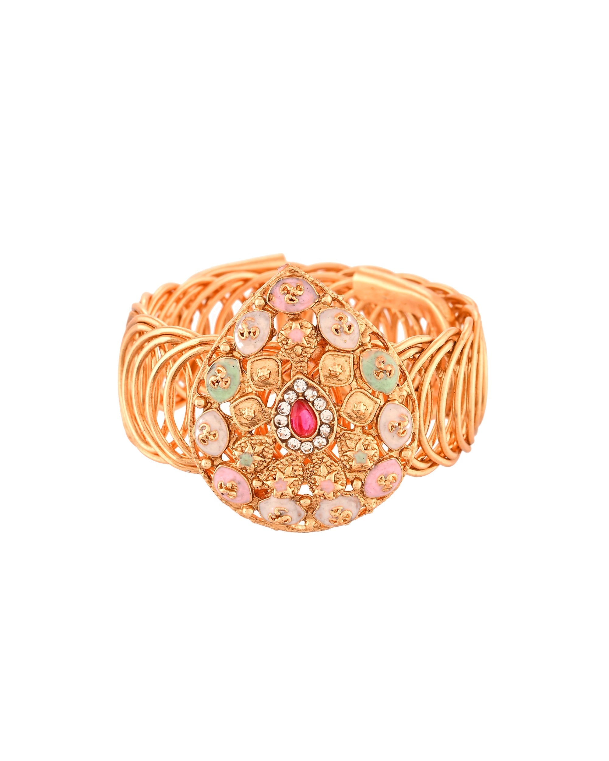 VOJ Stainless Steel Gold Polished Kundan Studded Wraparound Bracelet | Grocsy