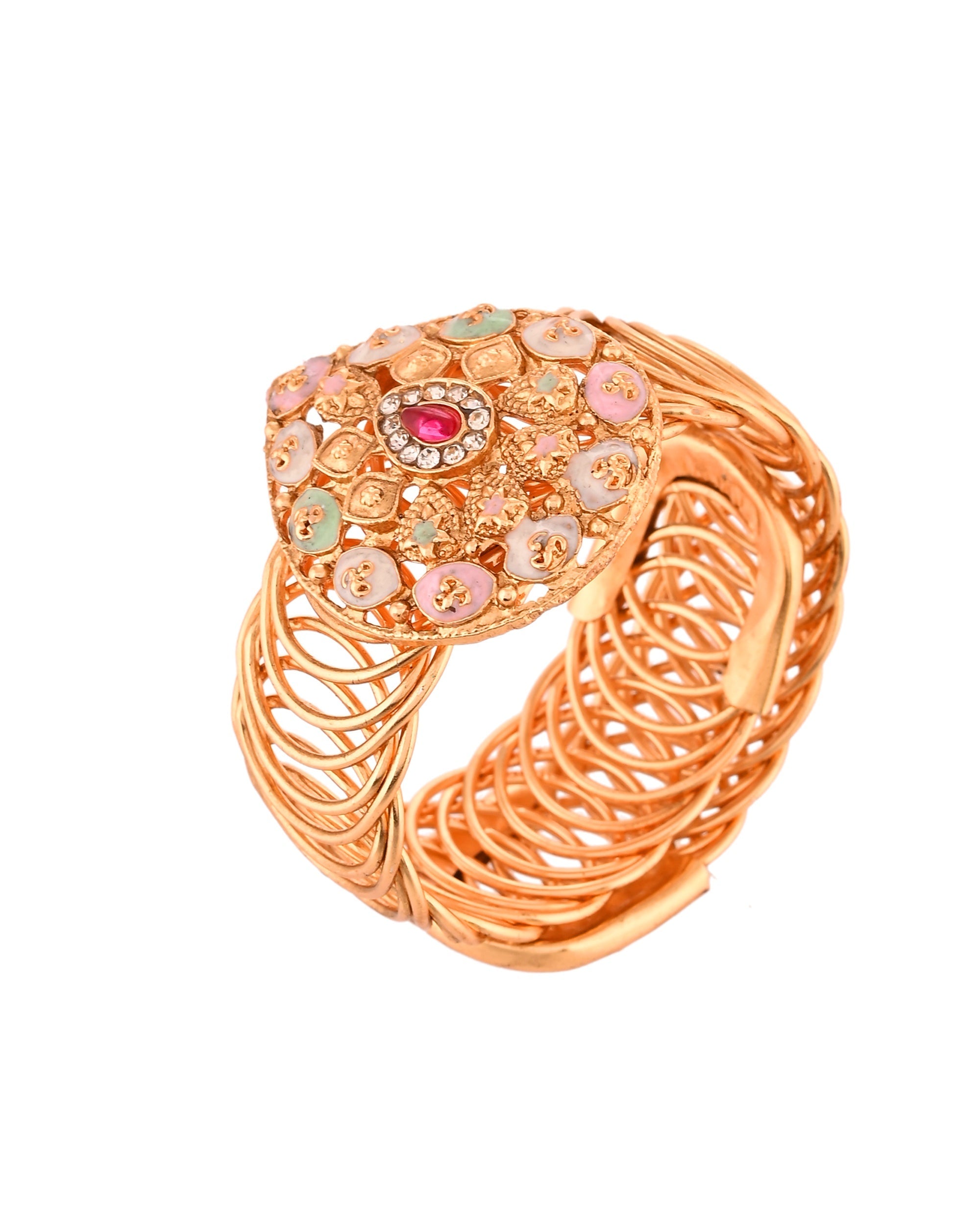 VOJ Stainless Steel Gold Polished Kundan Studded Wraparound Bracelet | Grocsy