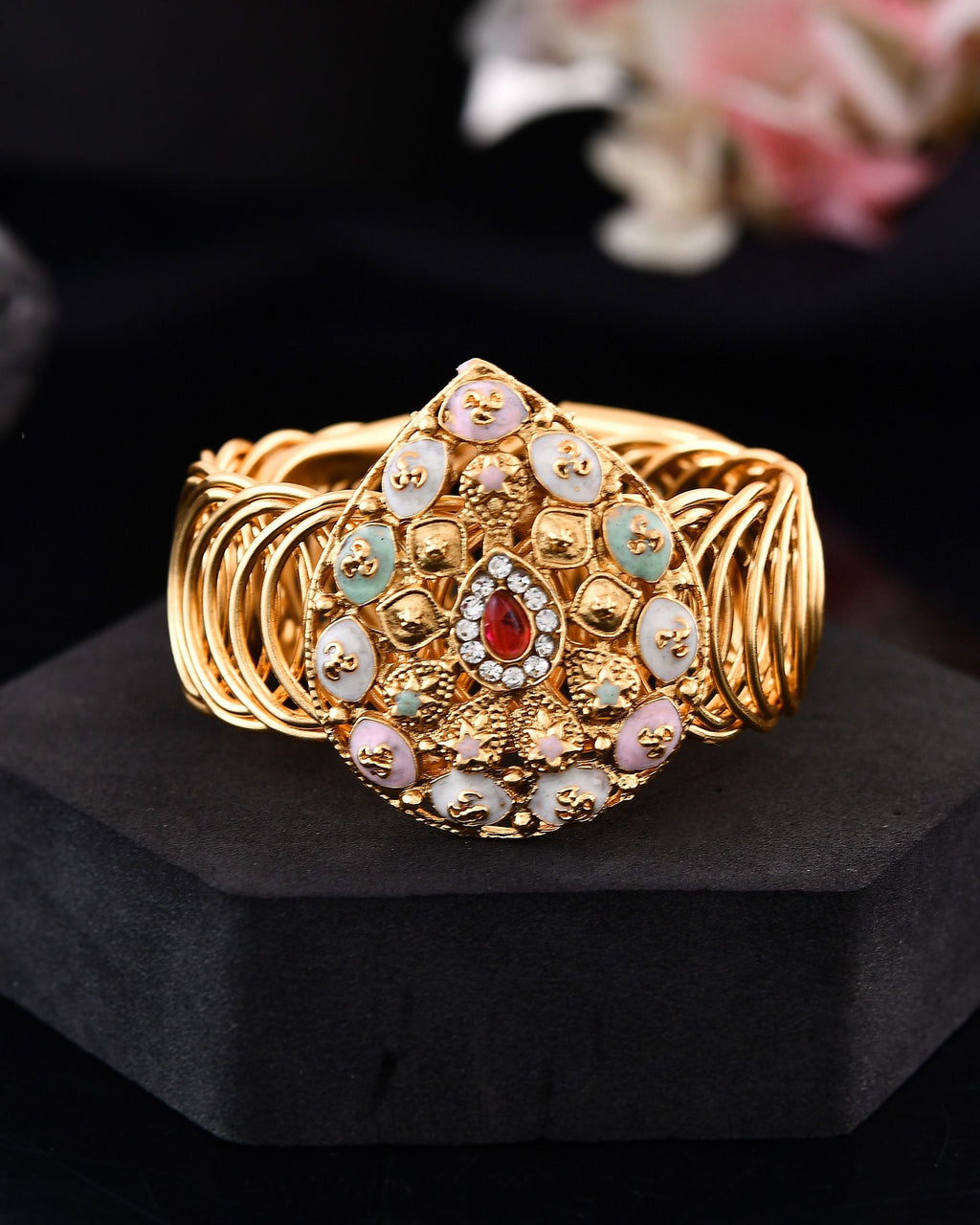 VOJ Stainless Steel Gold Polished Kundan Studded Wraparound Bracelet | Grocsy