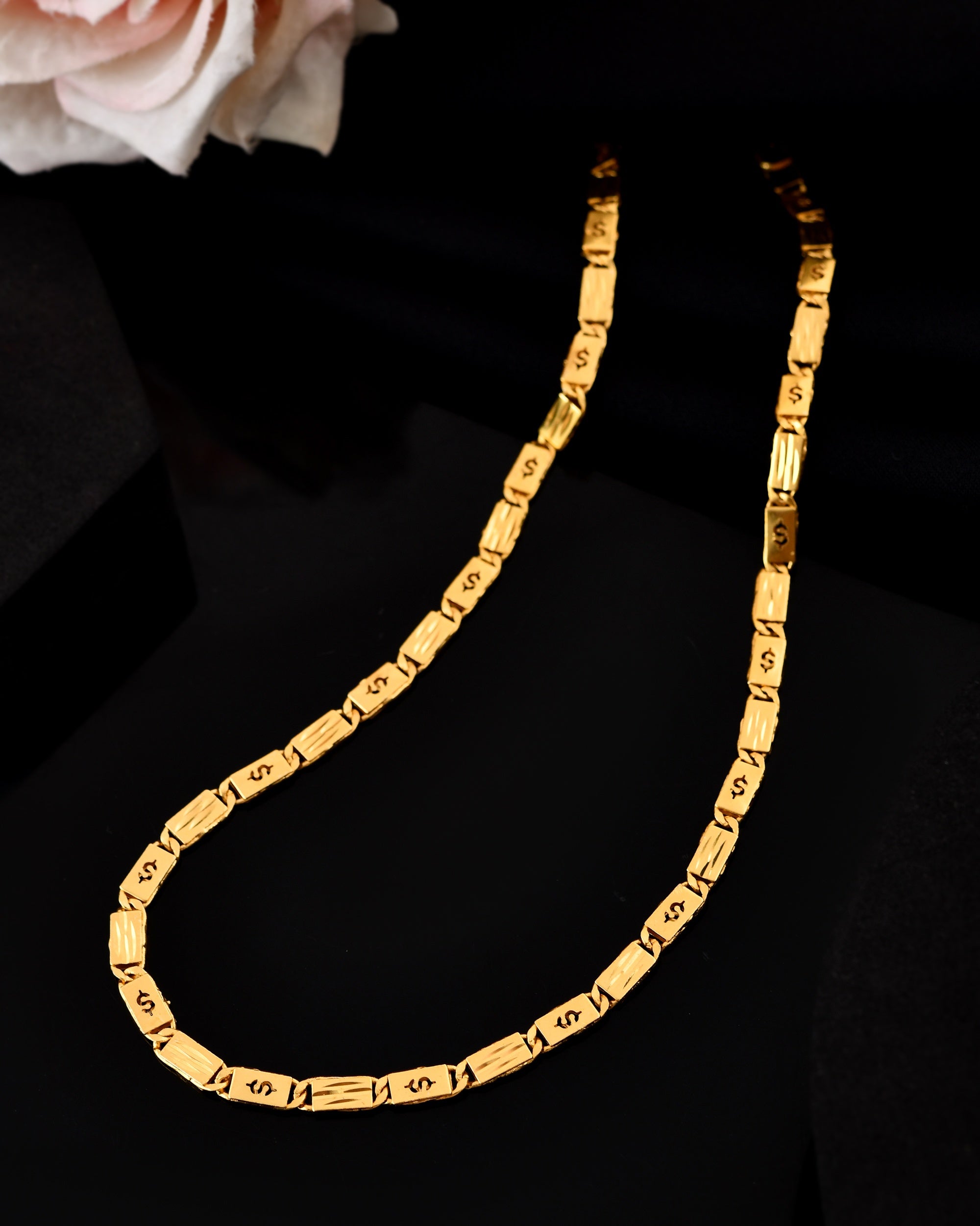 VOJ Men's Gold Polished Stainless Steel Biscuit Chain With Hand Crafted Design | Grocsy