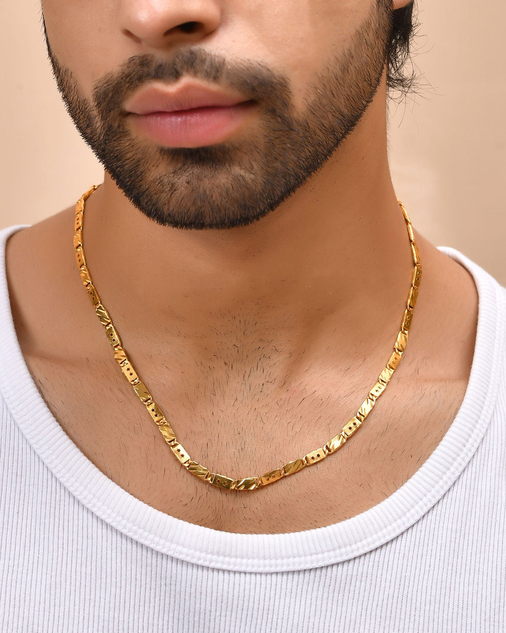 VOJ Men's Gold Polished Stainless Steel With Hand Crafted Design Biscuit Chain | Grocsy