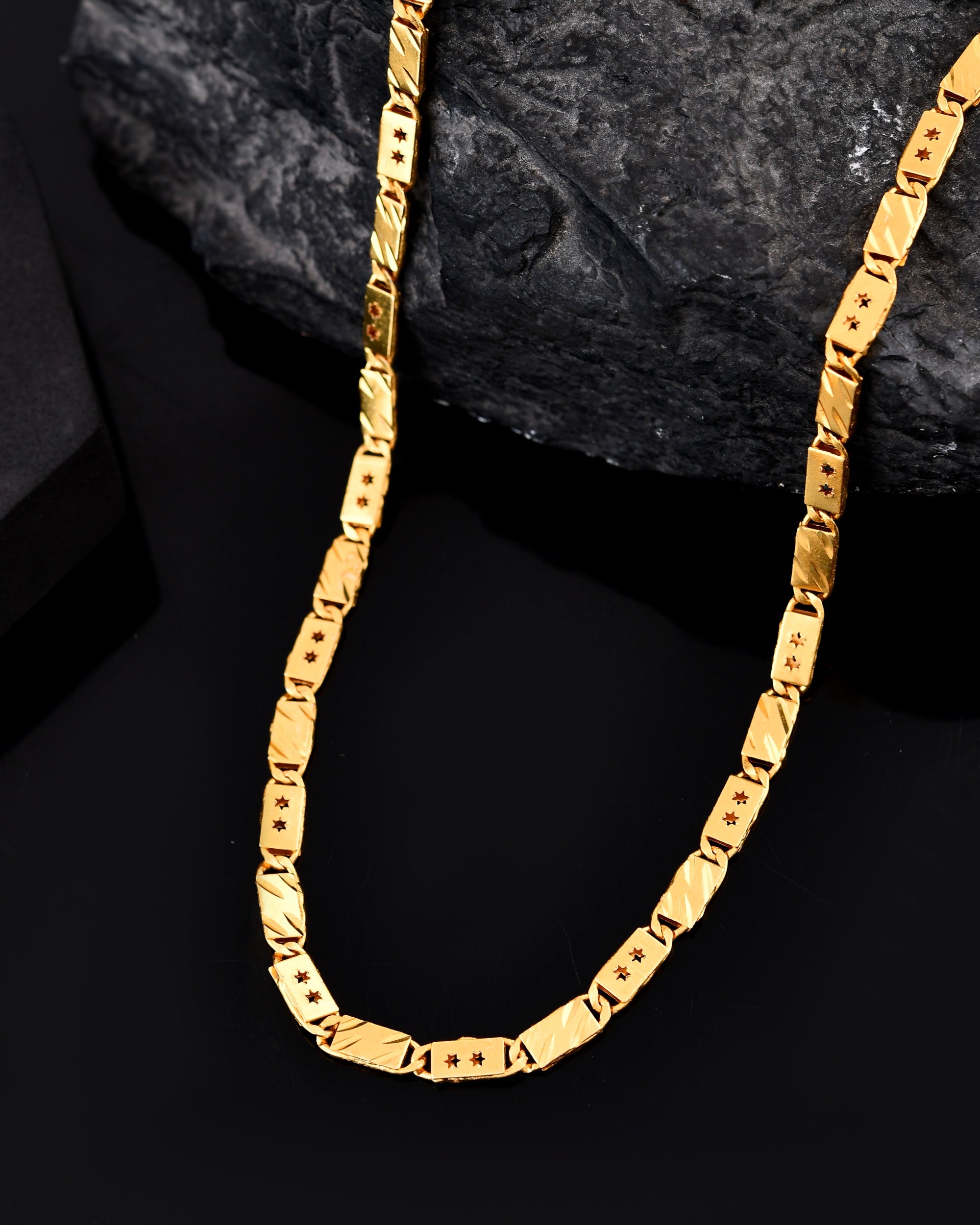 VOJ Men's Gold Polished Stainless Steel With Hand Crafted Design Biscuit Chain | Grocsy