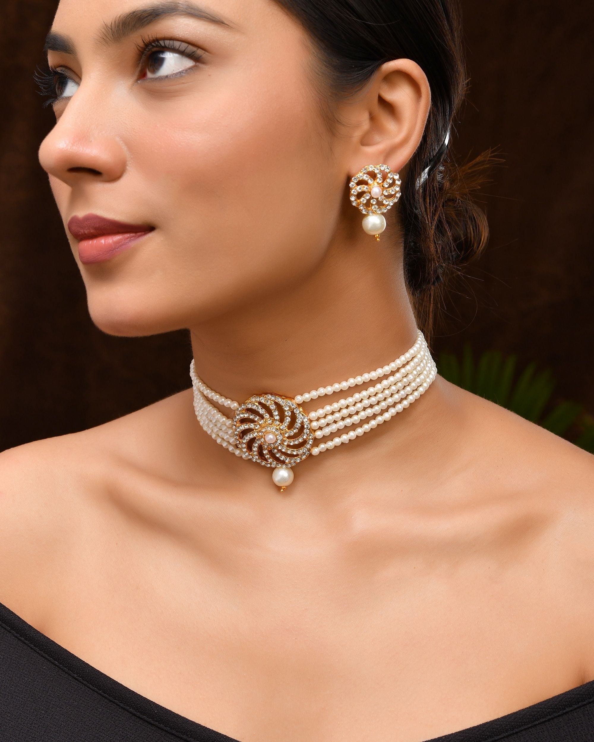 VOJ Gold Polished Stone And Pearl Studded Traditional Chokar Set | Grocsy